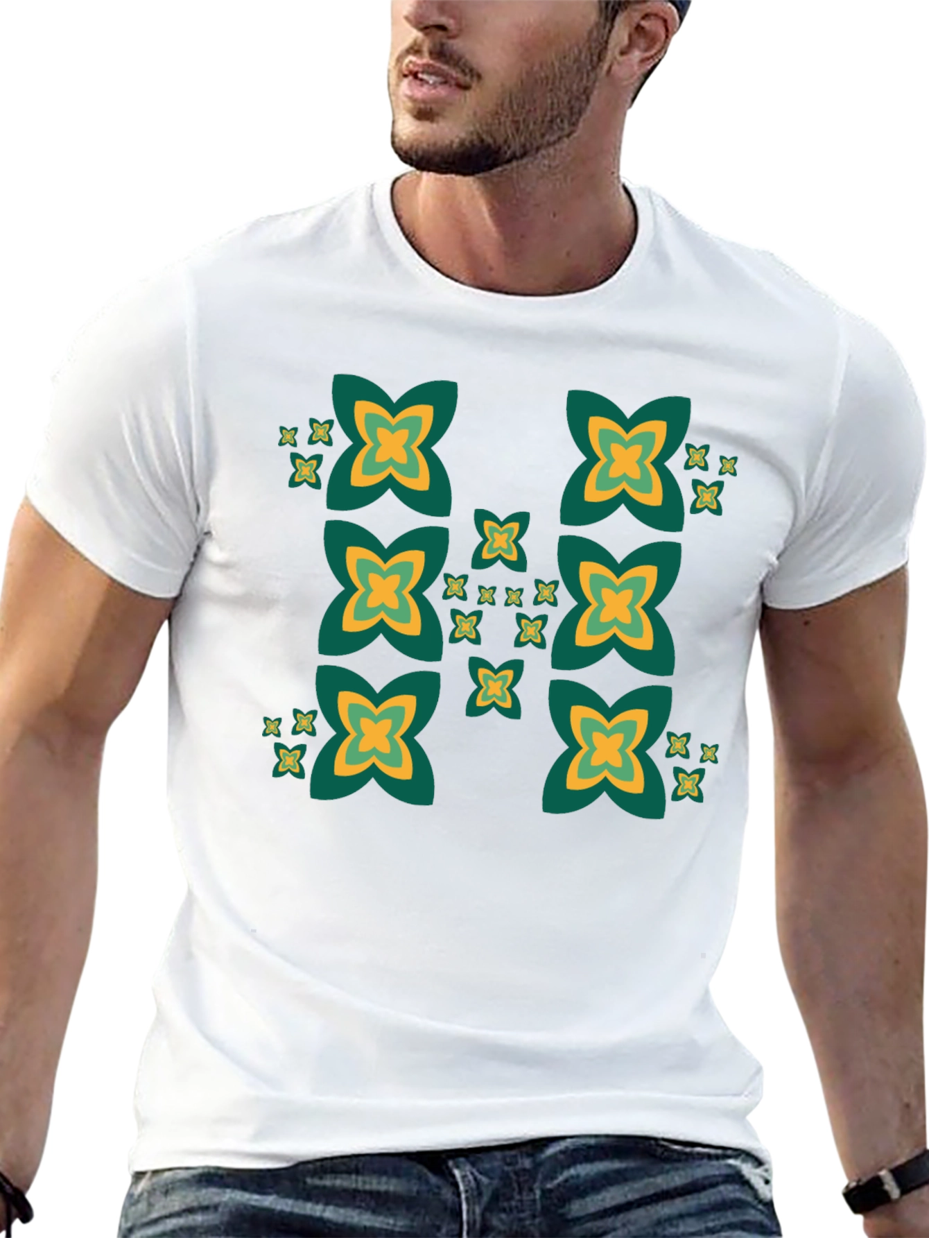 Black Tee with Geometric Clover Pattern