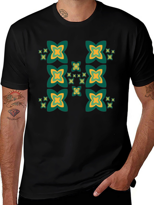 Black Tee with Geometric Clover Pattern