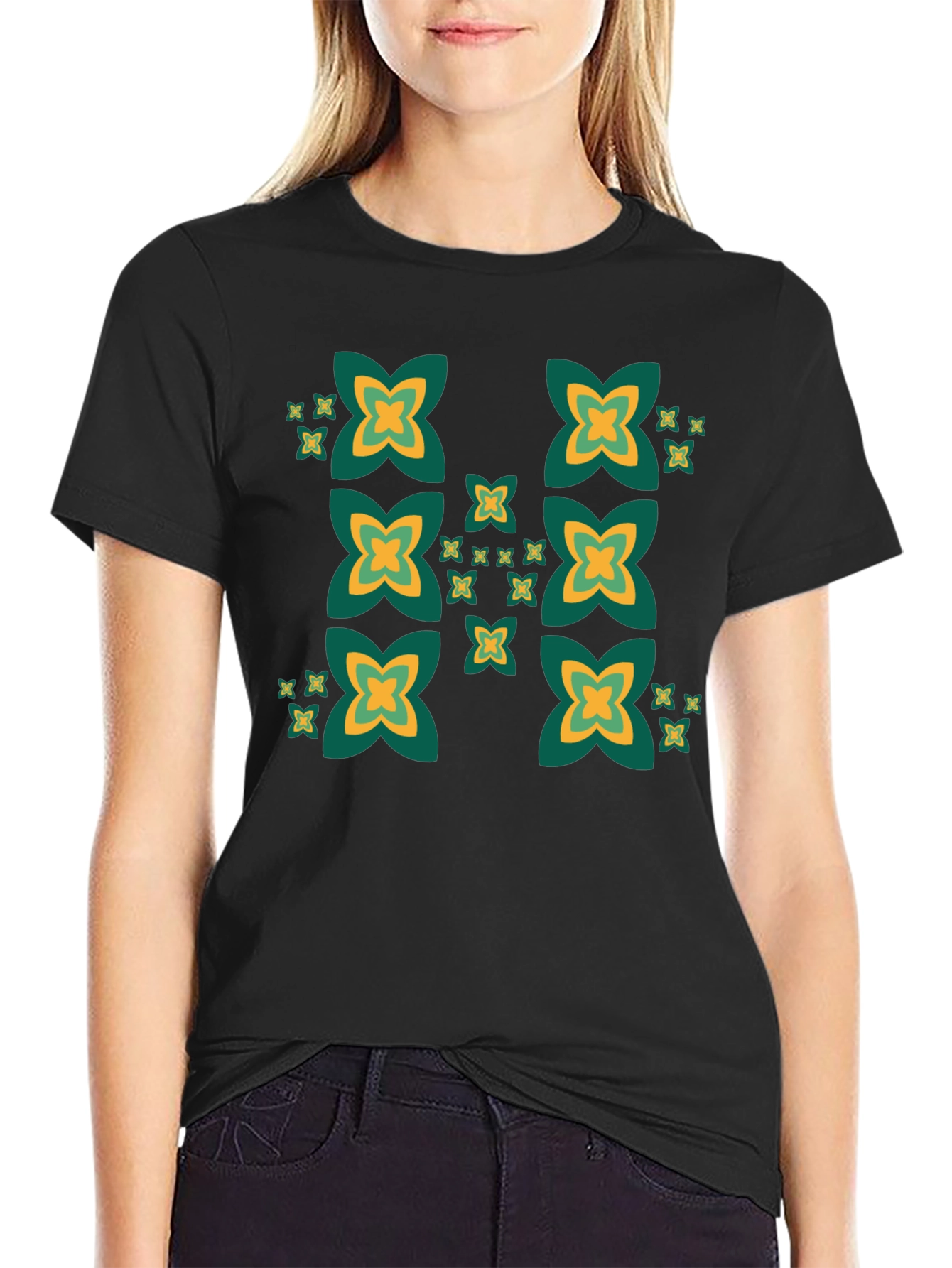 Black Tee with Geometric Clover Pattern