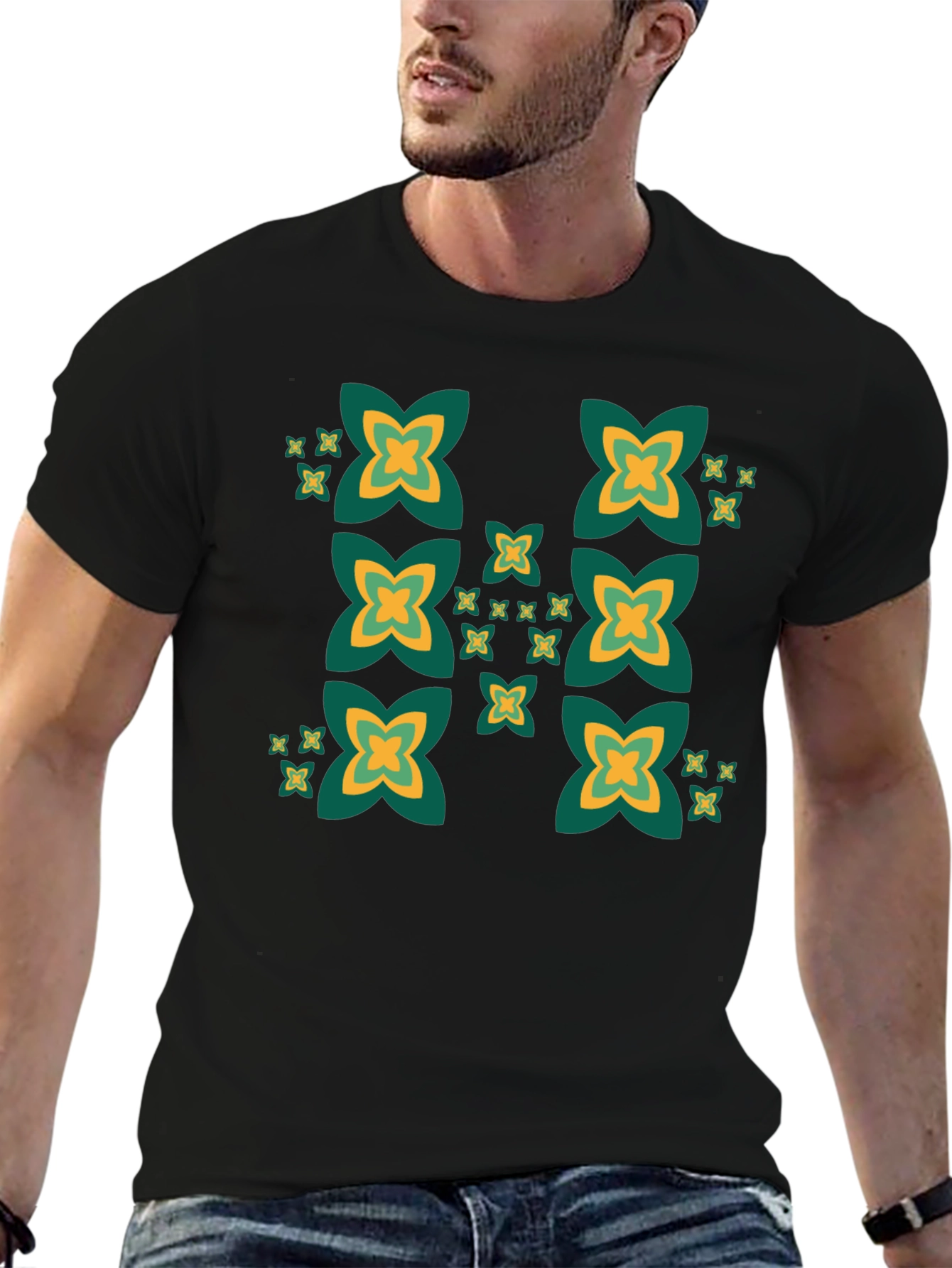 Black Tee with Geometric Clover Pattern