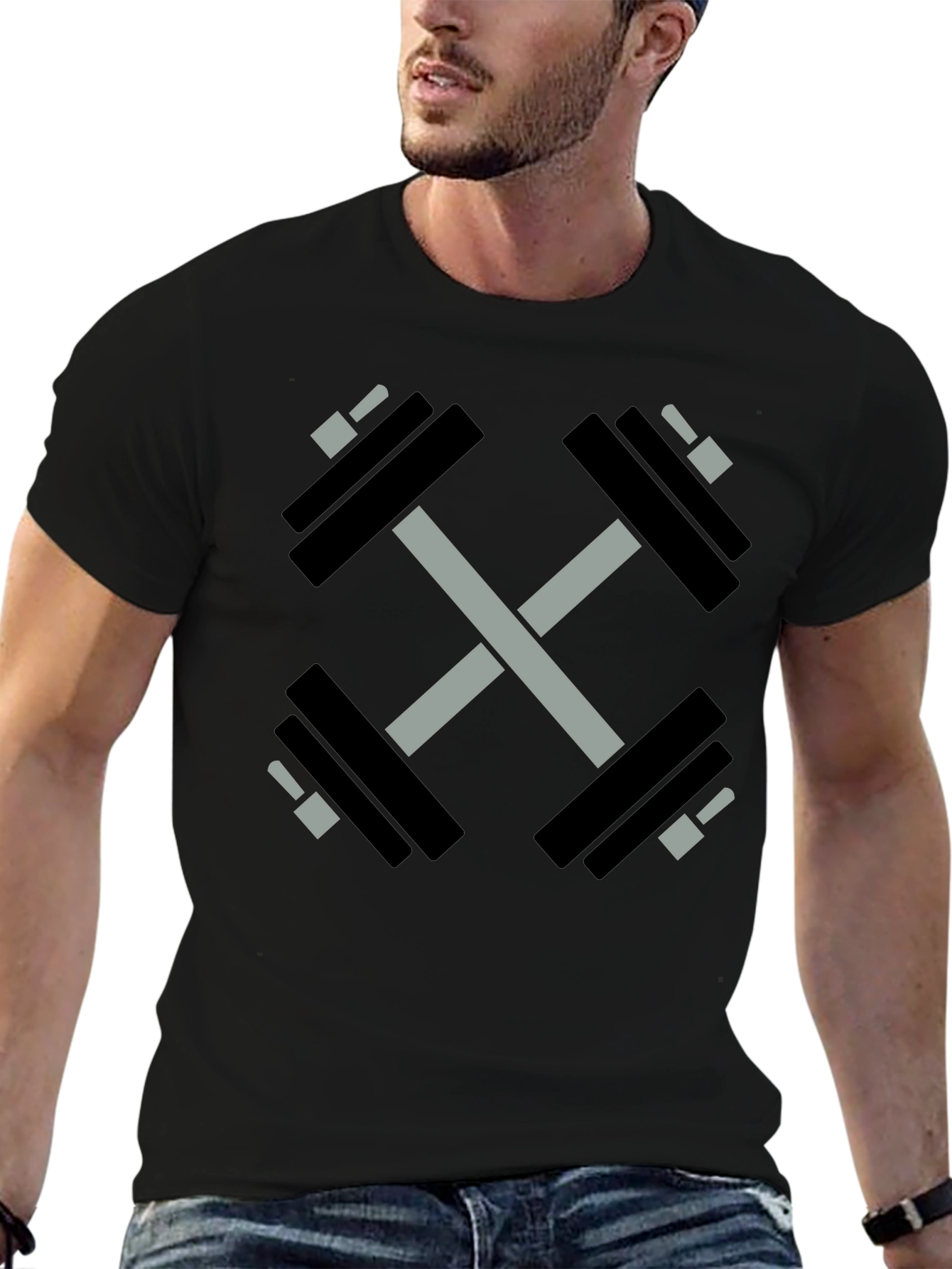 Crossed Dumbbell Graphic Tee - Black Gym Shirt