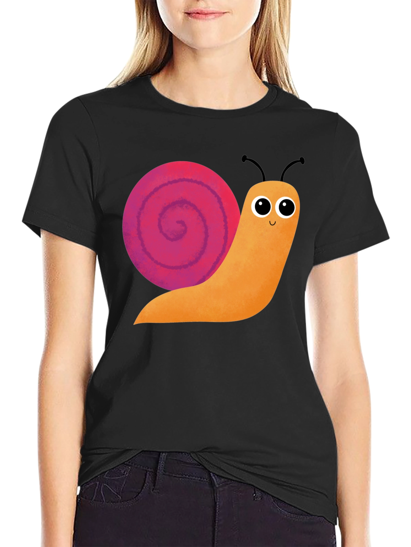 Cute Snail Graphic Tee - Black Cotton T-Shirt