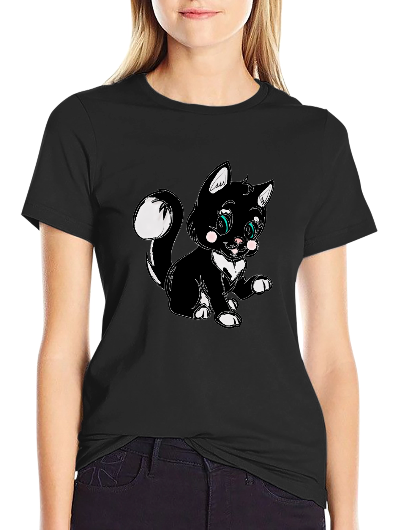 Cute Cartoon Cat Graphic Black T-Shirt