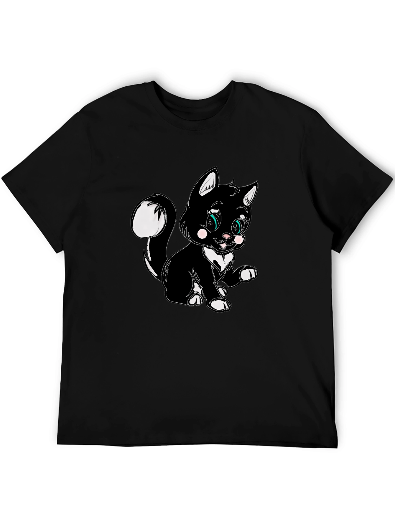 Cute Cartoon Cat Graphic Black T-Shirt
