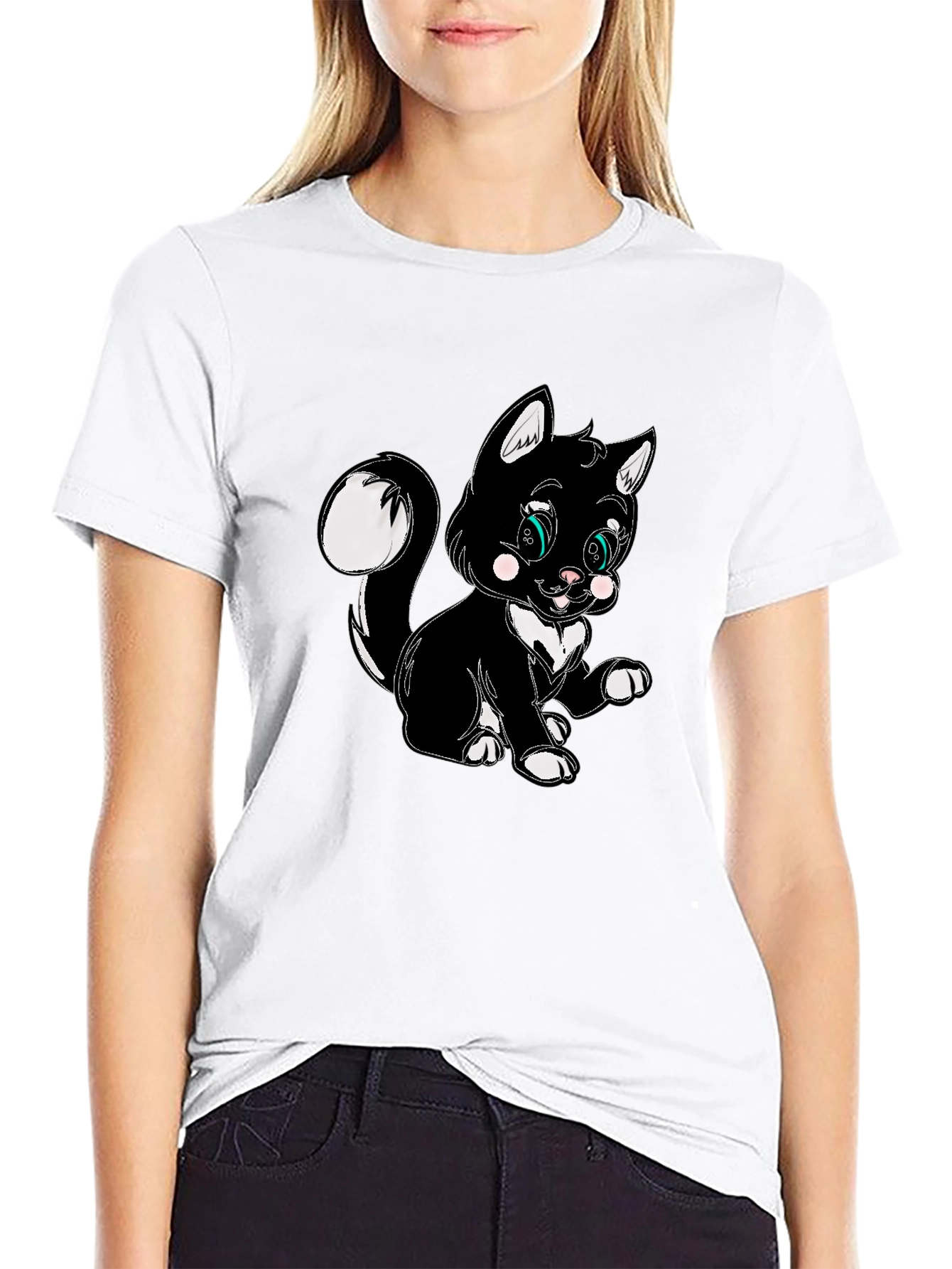 Cute Cartoon Cat Graphic Black T-Shirt