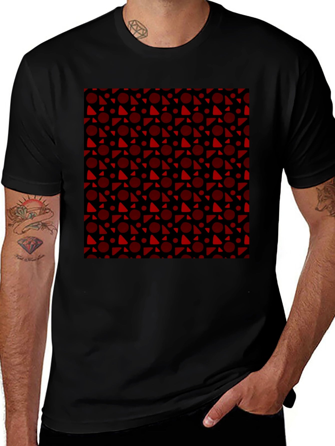 Black Tee with Red Geometric Pattern