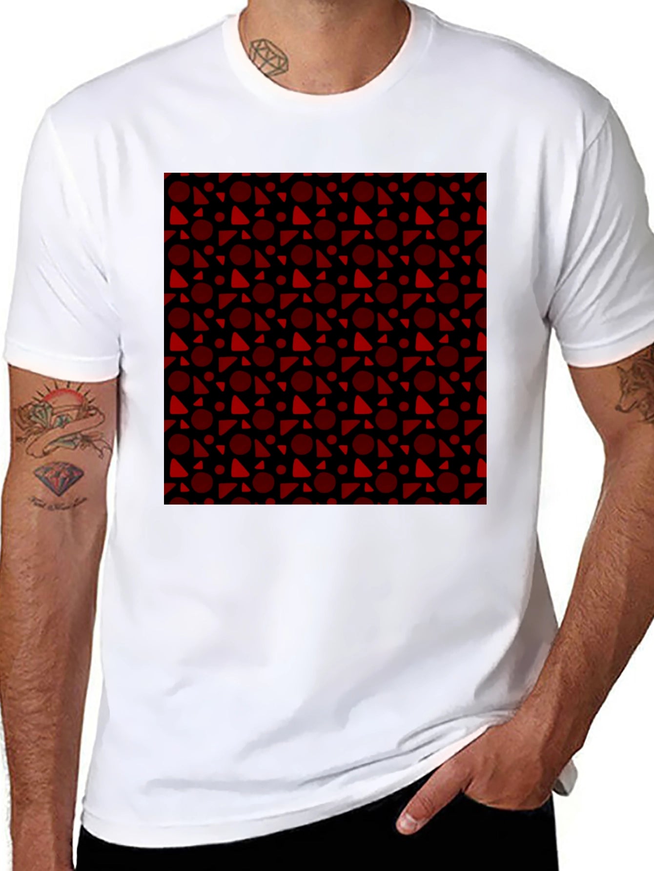 Black Tee with Red Geometric Pattern