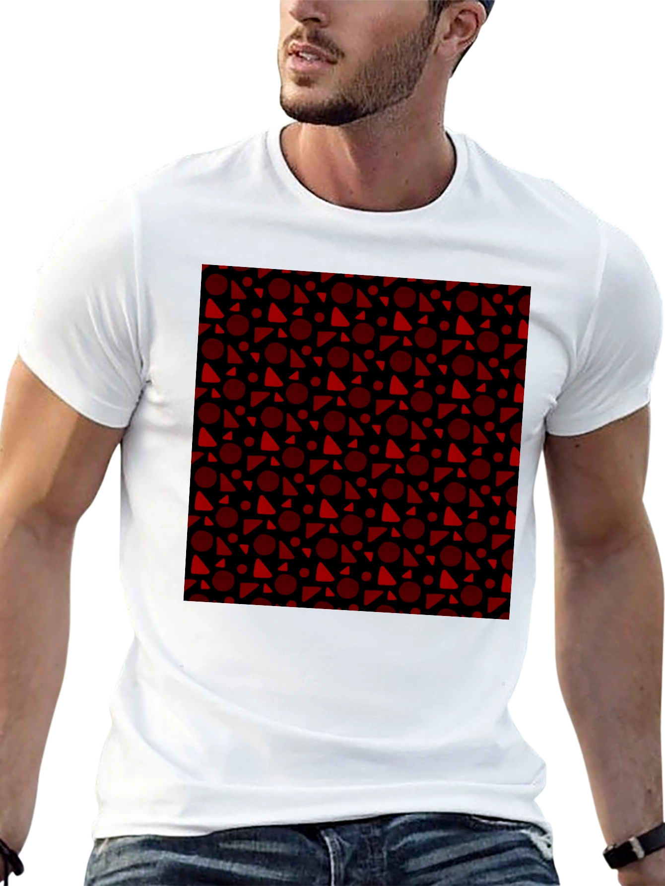 Black Tee with Red Geometric Pattern