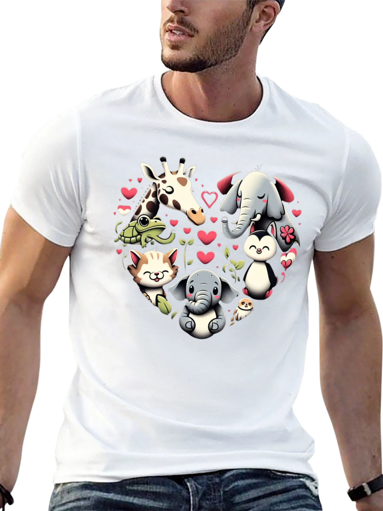 Cute Animal Heart Graphic T-Shirt - Black