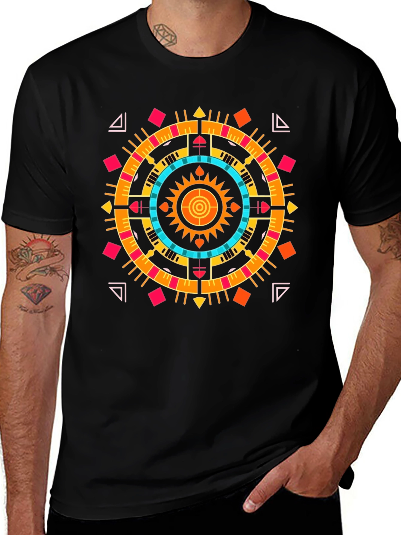 Geometric Aztec Print Tee - Stylish Black Cotton T-Shirt