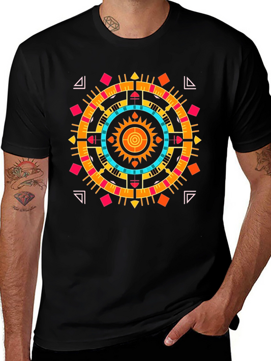 Geometric Aztec Print Tee - Stylish Black Cotton T-Shirt