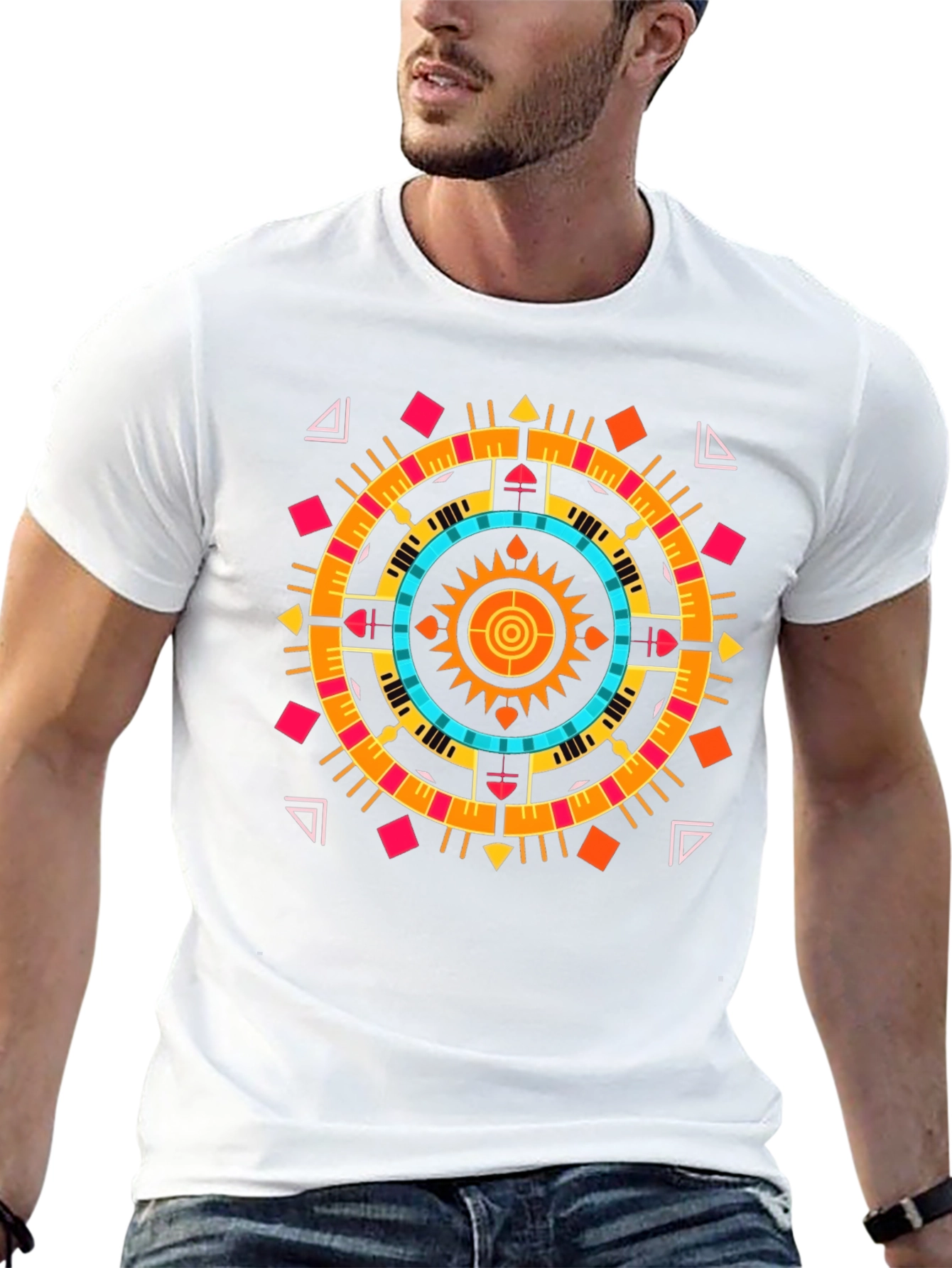Geometric Aztec Print Tee - Stylish Black Cotton T-Shirt