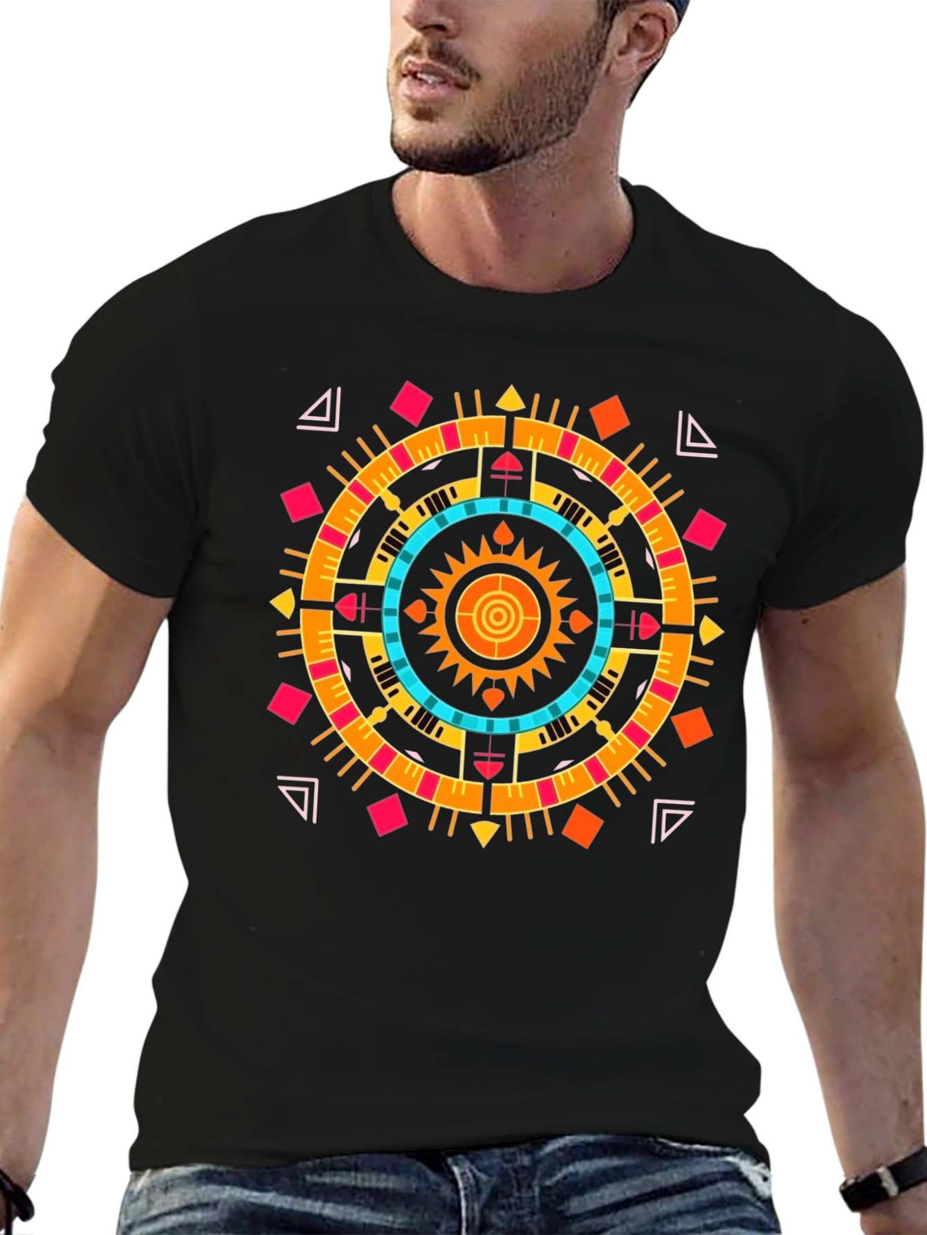 Geometric Aztec Print Tee - Stylish Black Cotton T-Shirt
