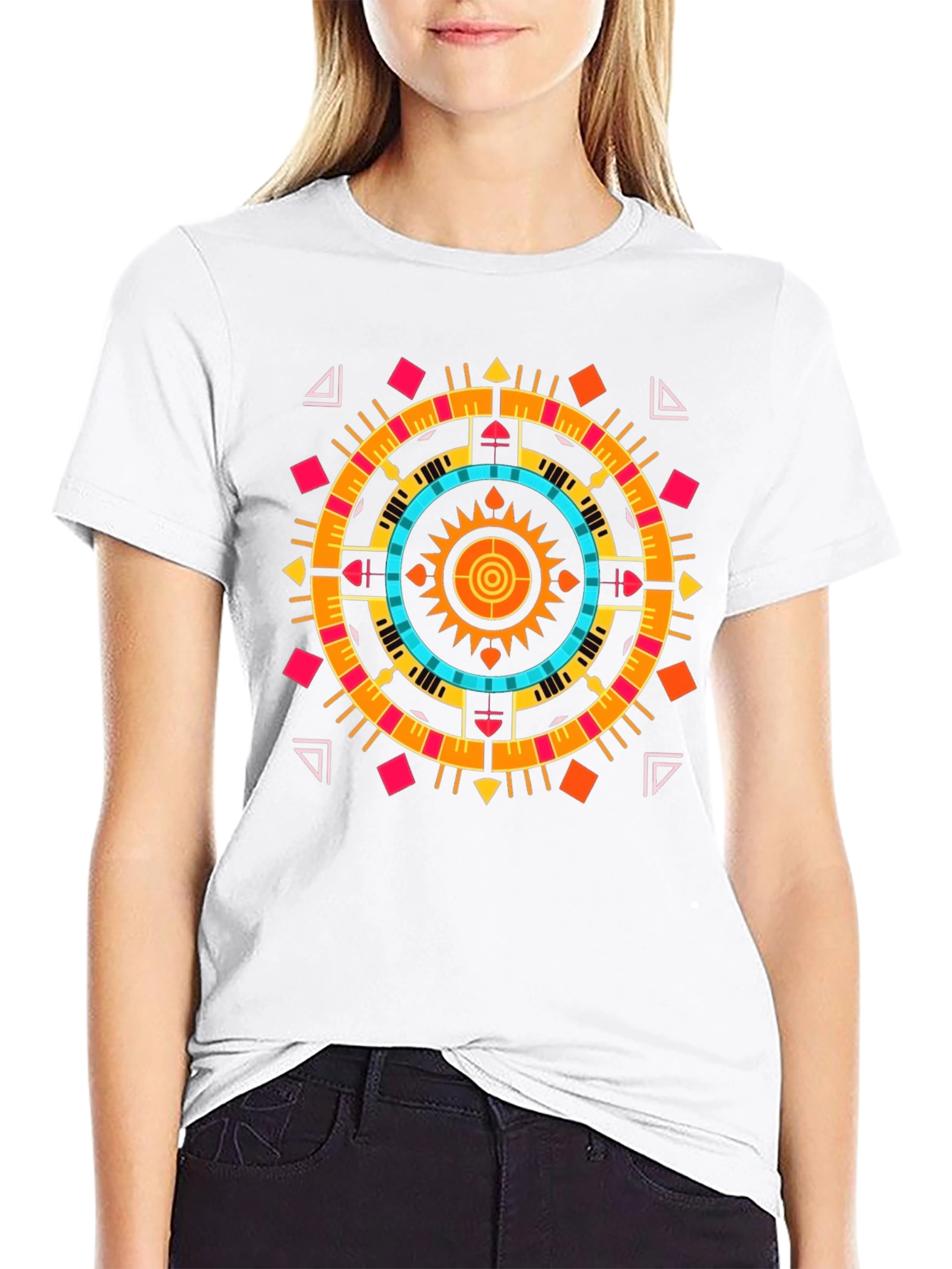 Geometric Aztec Print Tee - Stylish Black Cotton T-Shirt