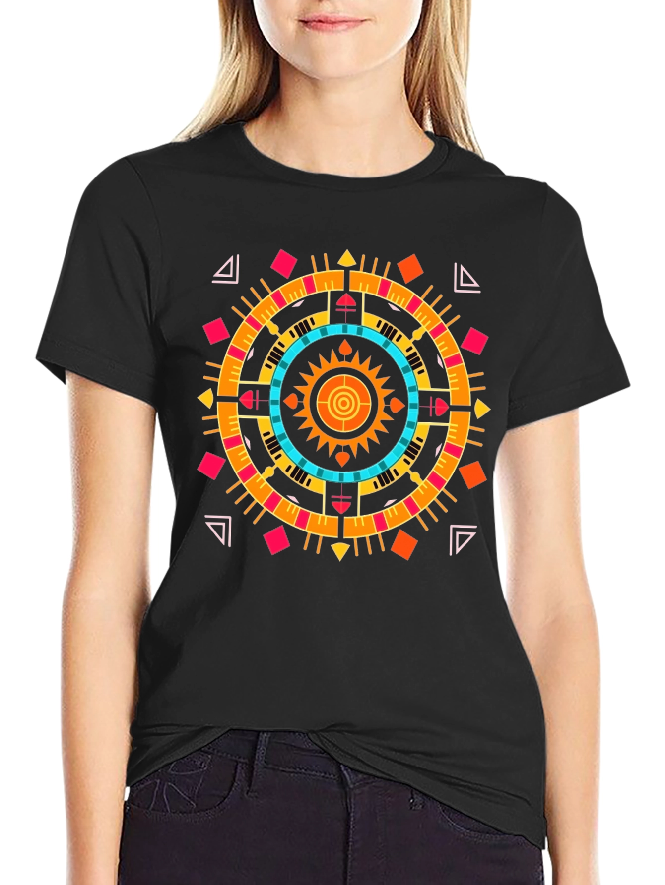 Geometric Aztec Print Tee - Stylish Black Cotton T-Shirt