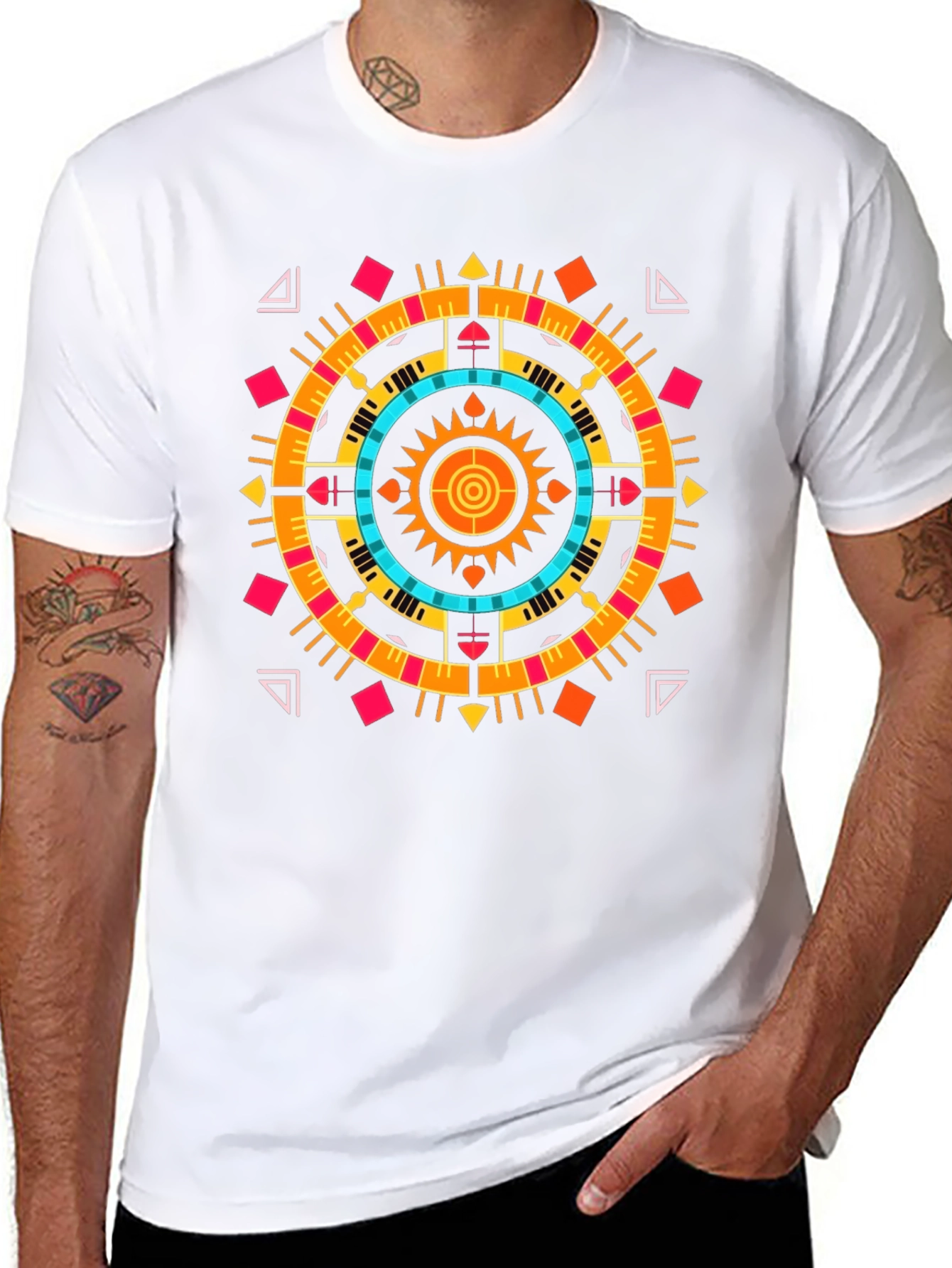 Geometric Aztec Print Tee - Stylish Black Cotton T-Shirt