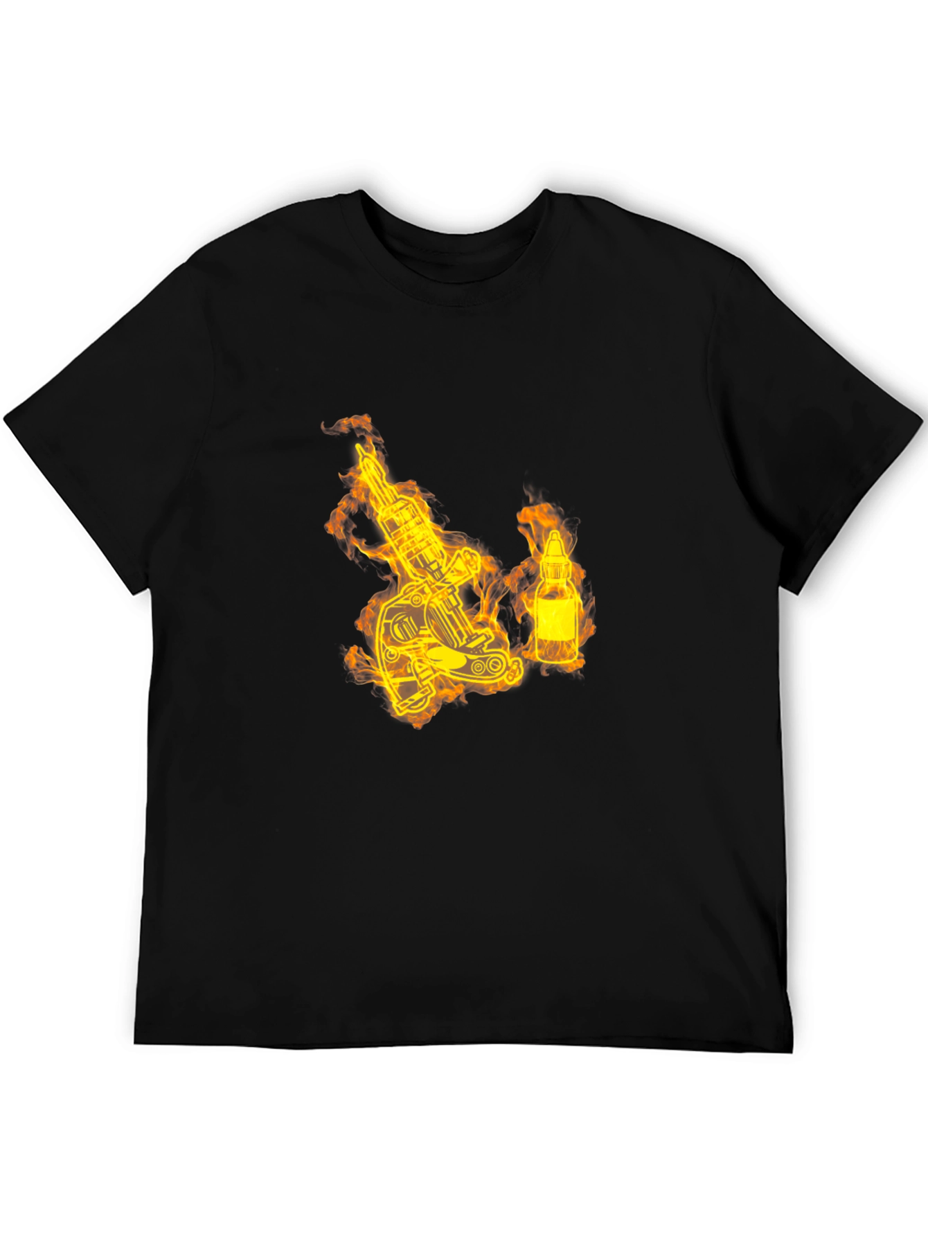 Fiery Tattoo Machine Graphic T-Shirt - Bold Black Tee