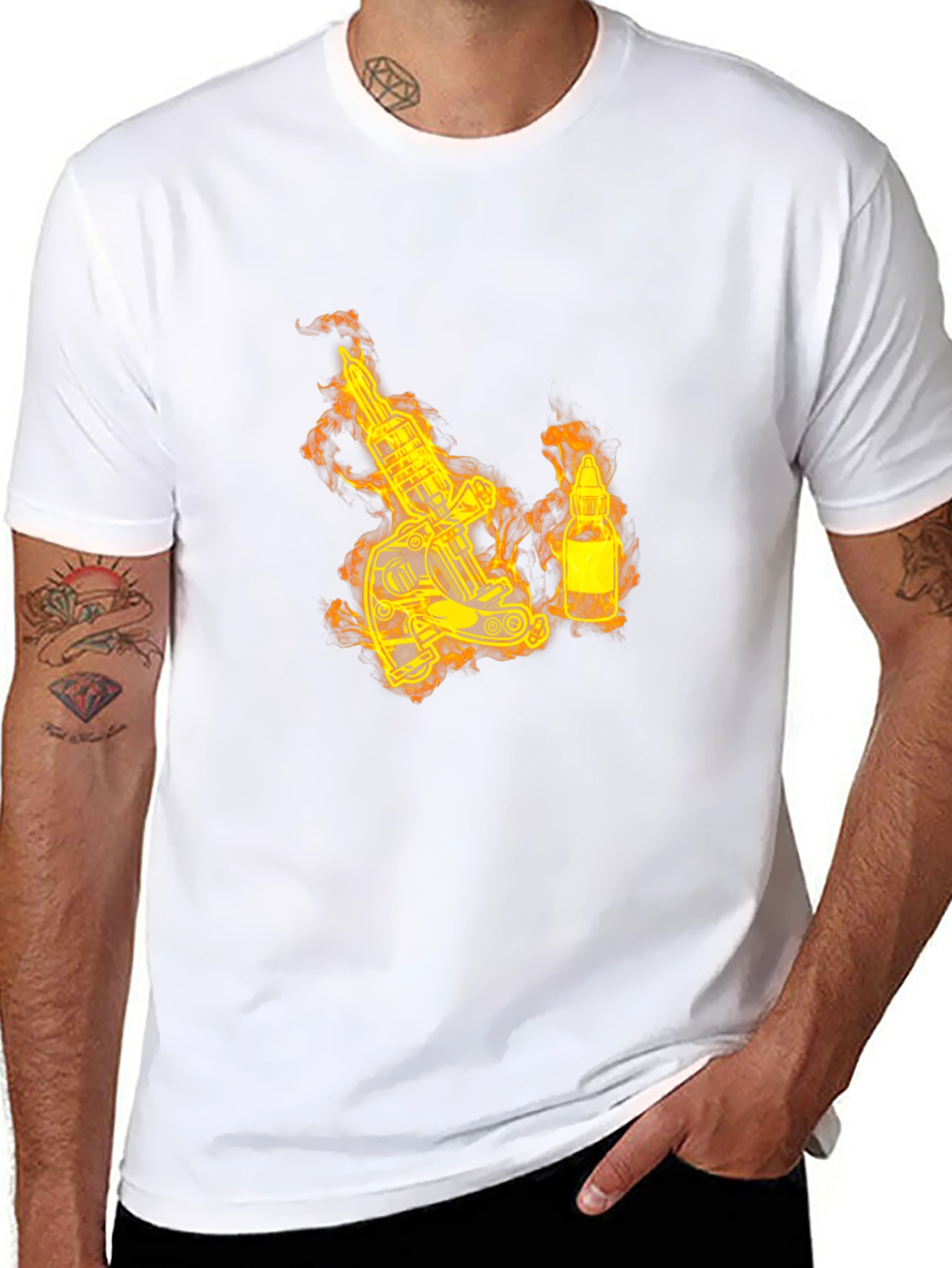 Fiery Tattoo Machine Graphic T-Shirt - Bold Black Tee
