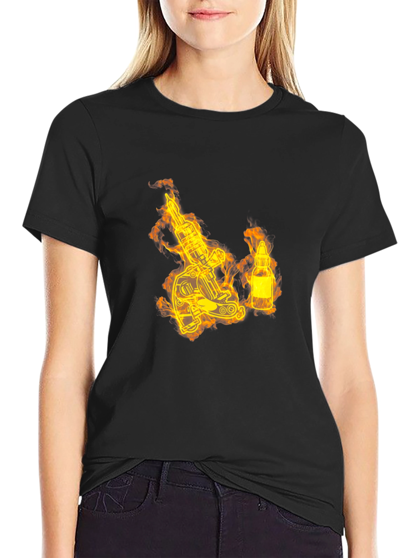 Fiery Tattoo Machine Graphic T-Shirt - Bold Black Tee