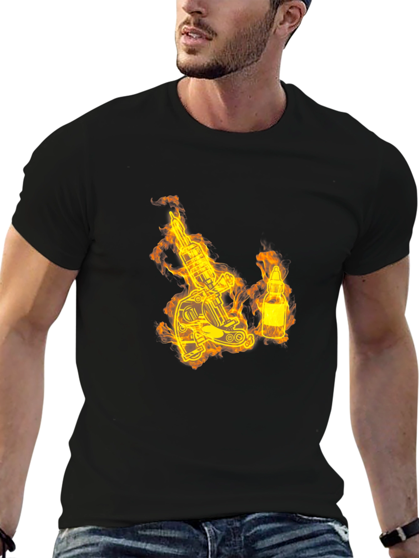 Fiery Tattoo Machine Graphic T-Shirt - Bold Black Tee