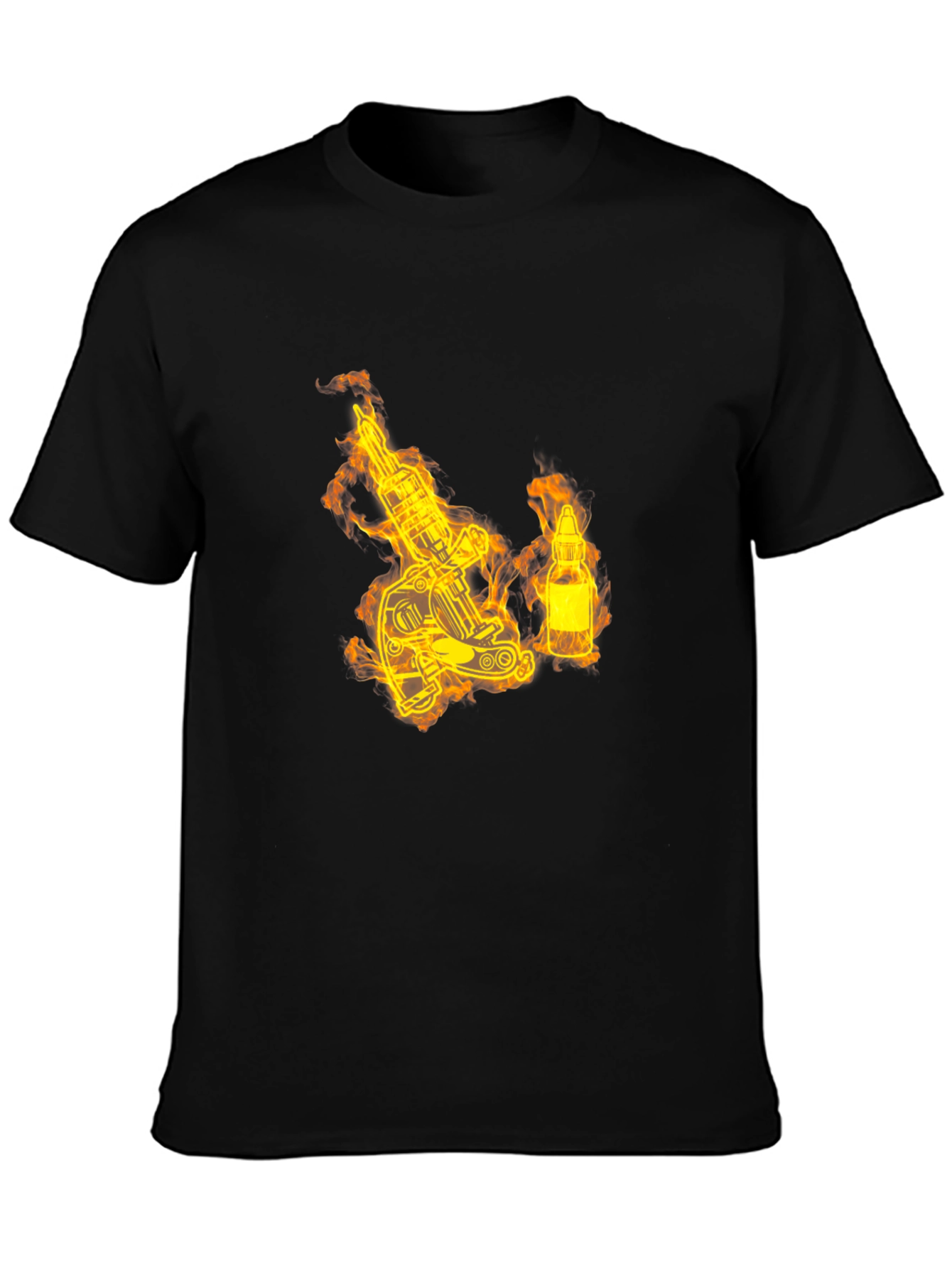 Fiery Tattoo Machine Graphic T-Shirt - Bold Black Tee