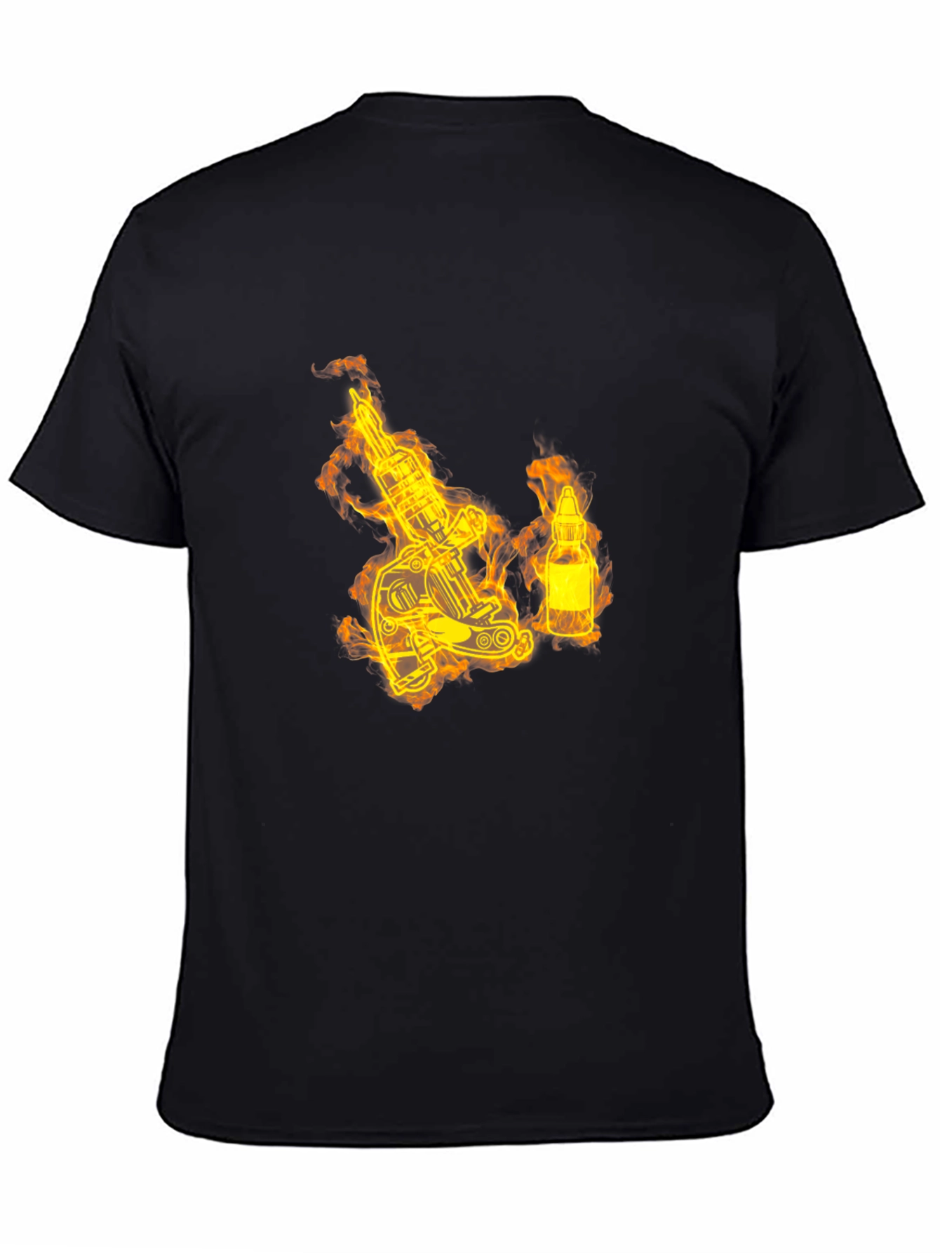 Fiery Tattoo Machine Graphic T-Shirt - Bold Black Tee