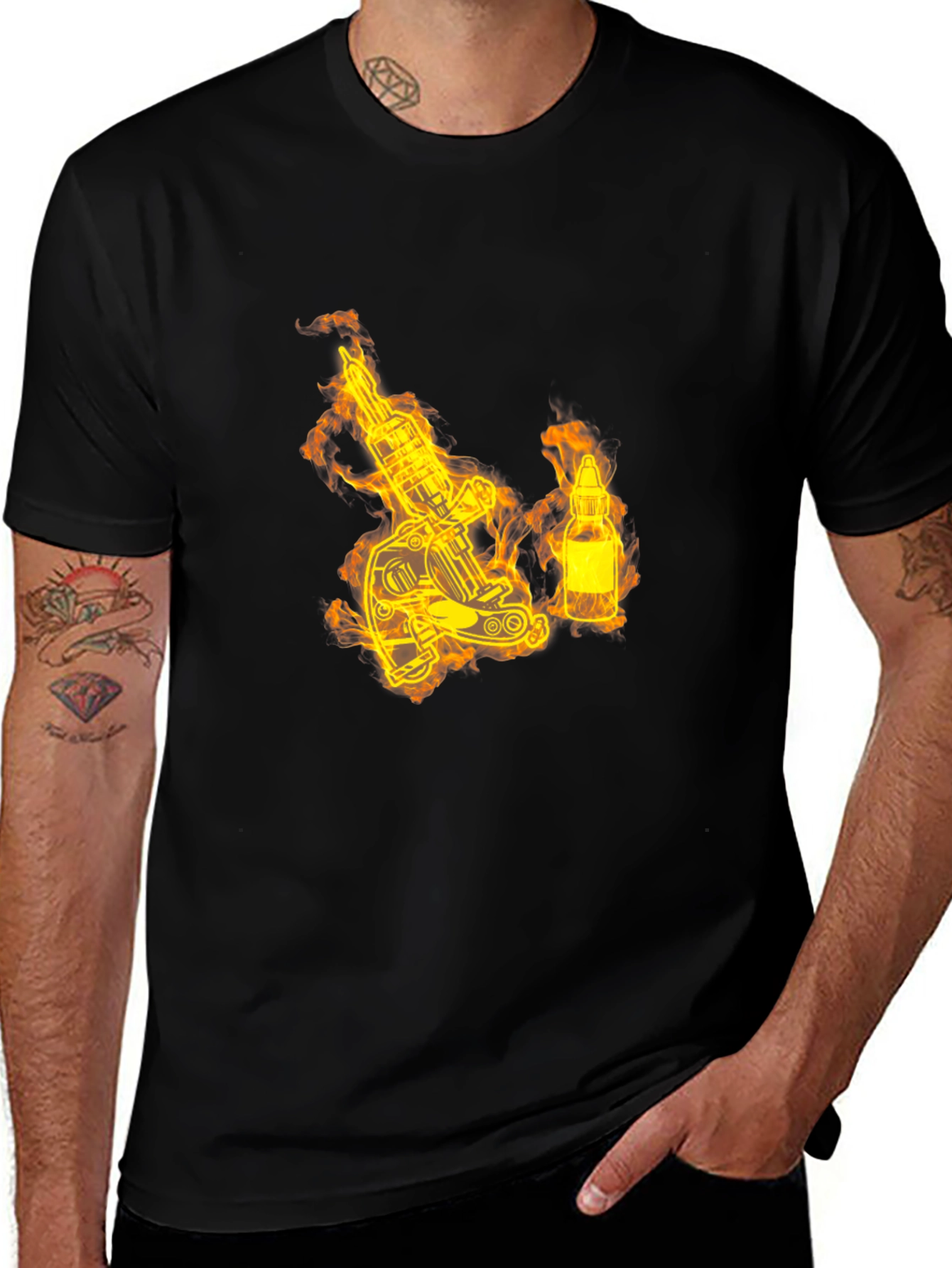 Fiery Tattoo Machine Graphic T-Shirt - Bold Black Tee