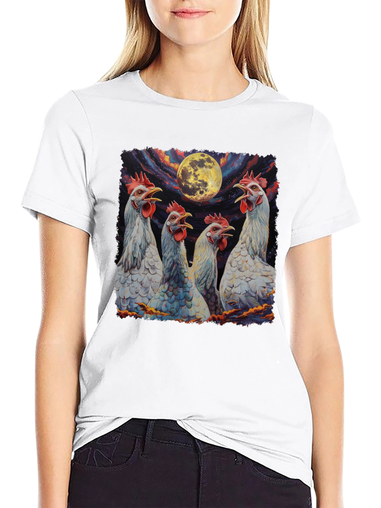 Moonlit Howling Chickens Black T-Shirt
