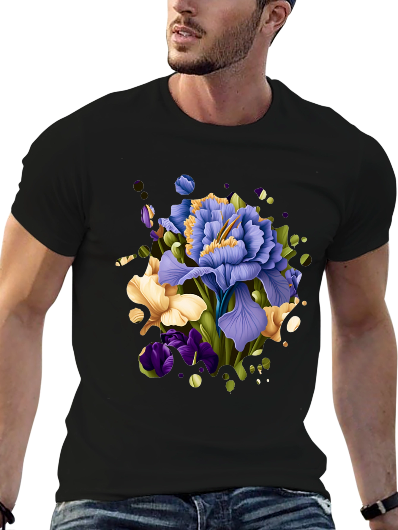 Floral Iris Graphic Black T-Shirt