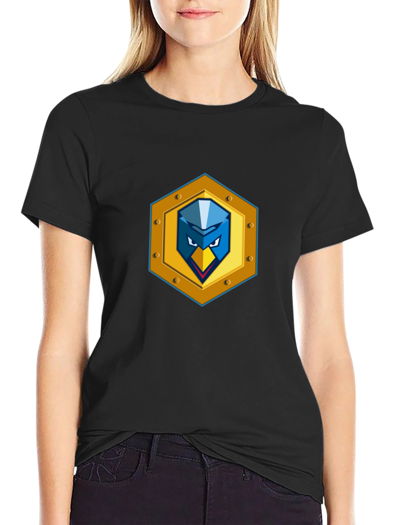 Black T-Shirt with Unique Bird Shield Emblem