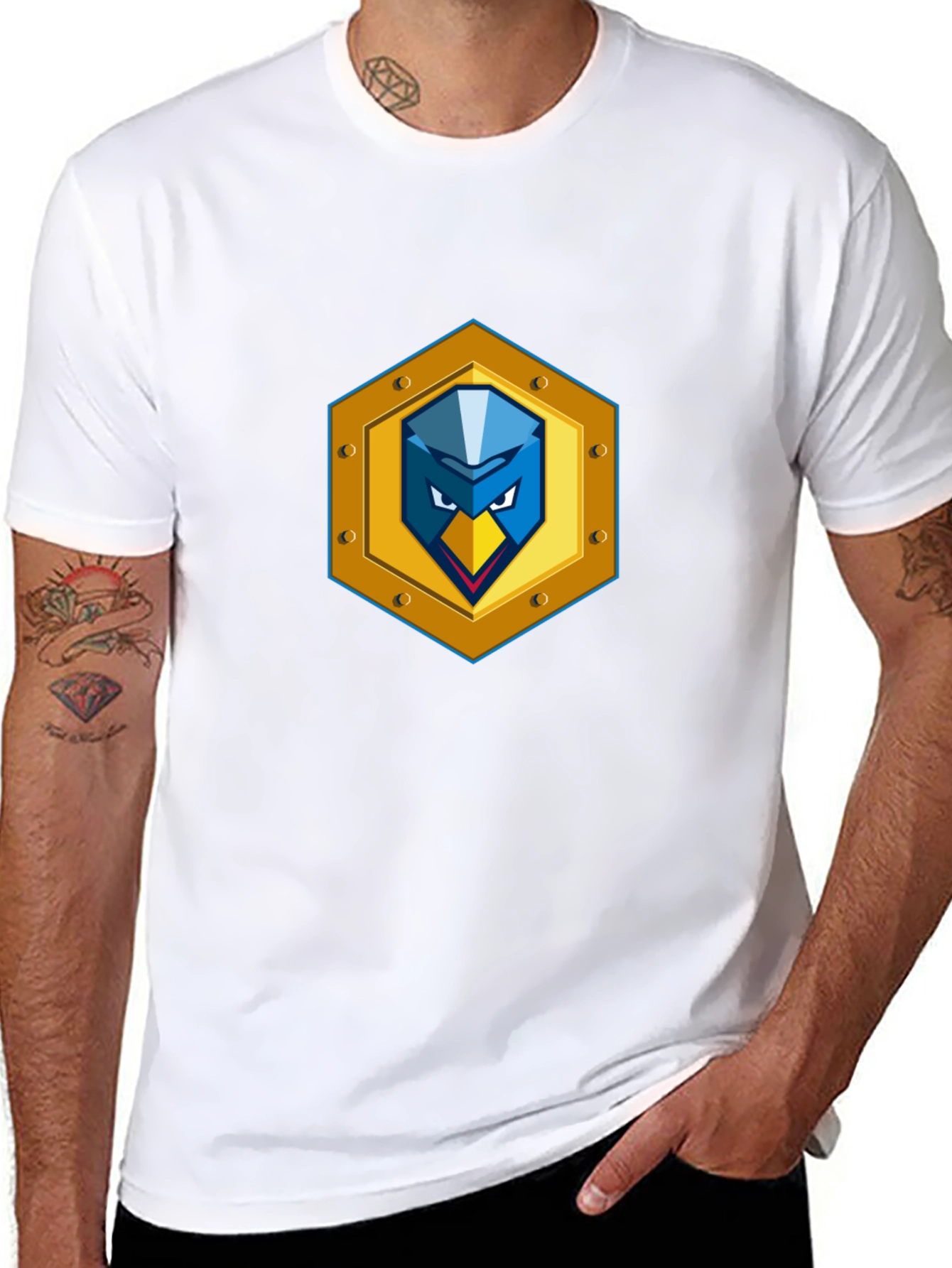 Black T-Shirt with Unique Bird Shield Emblem