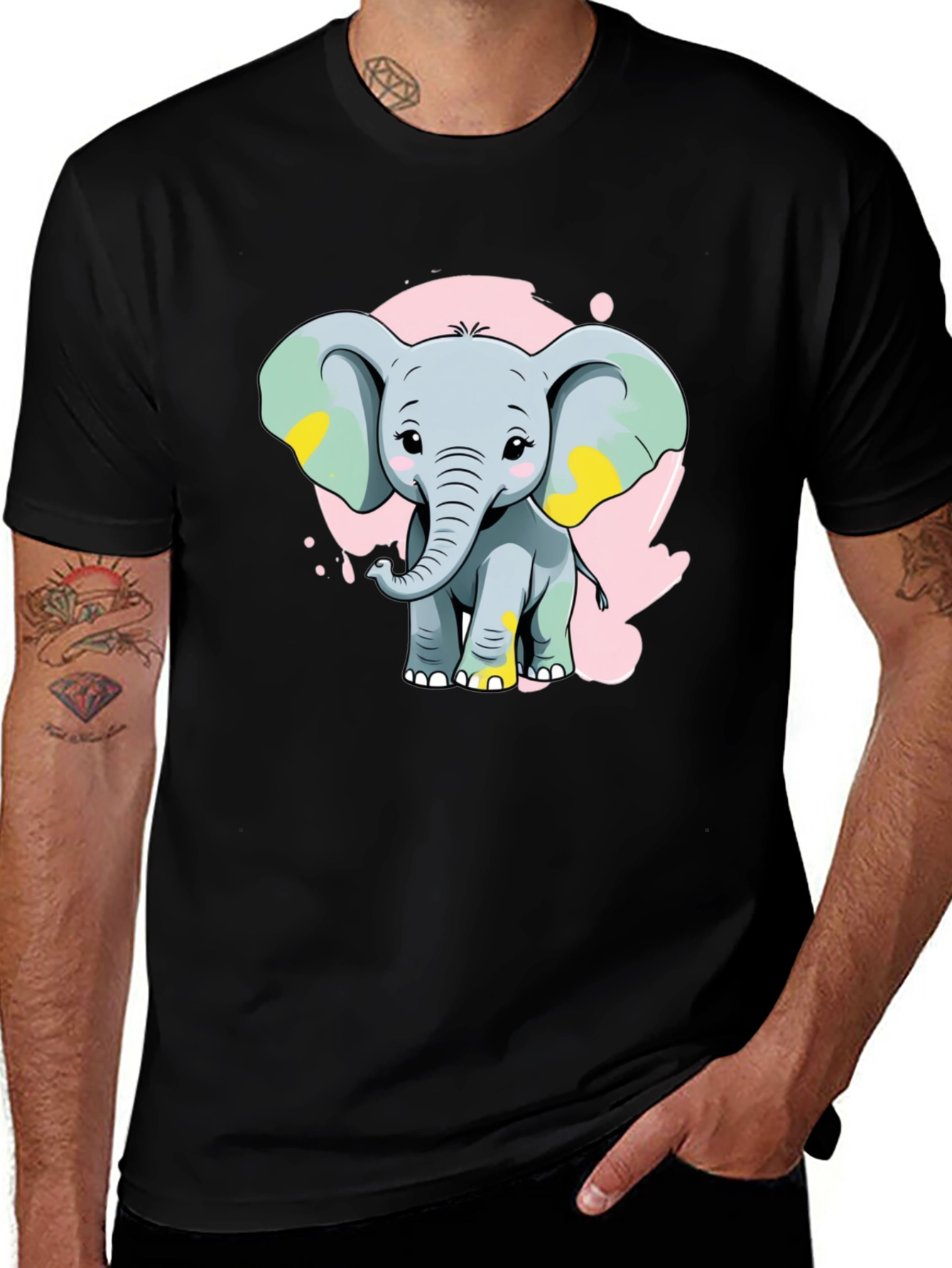 Cute Elephant Graphic Tee - Black Cotton Blend Shirt