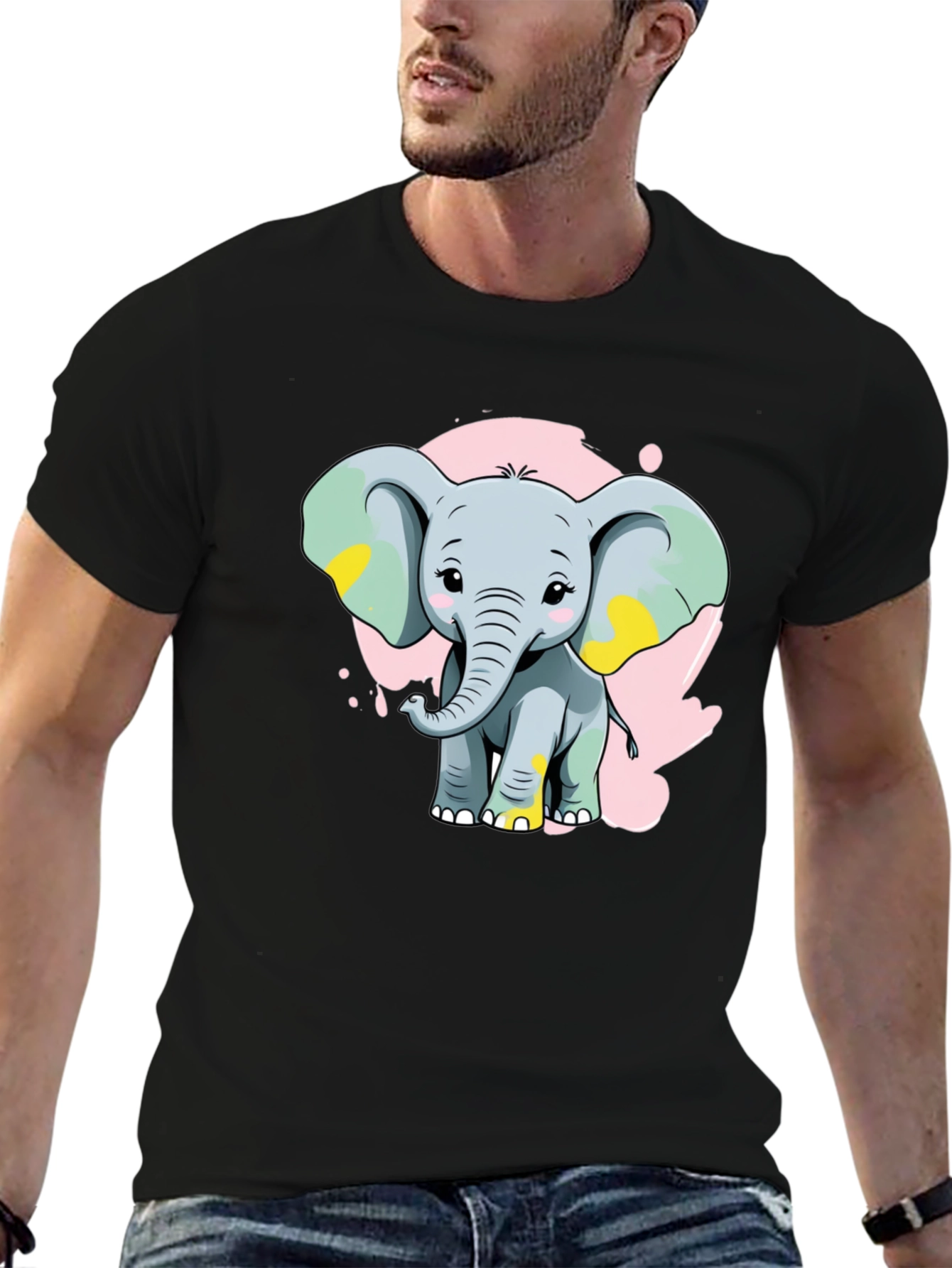 Cute Elephant Graphic Tee - Black Cotton Blend Shirt