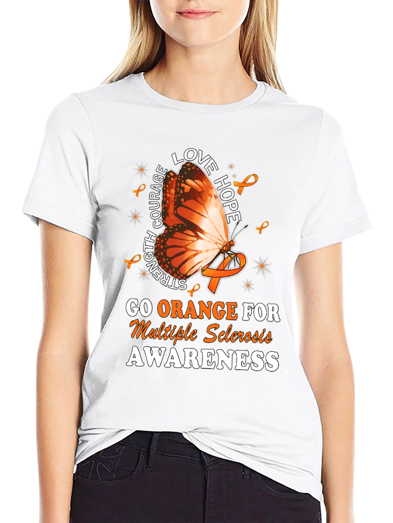 MS Awareness T-Shirt: Orange Butterfly Love Hope Strength