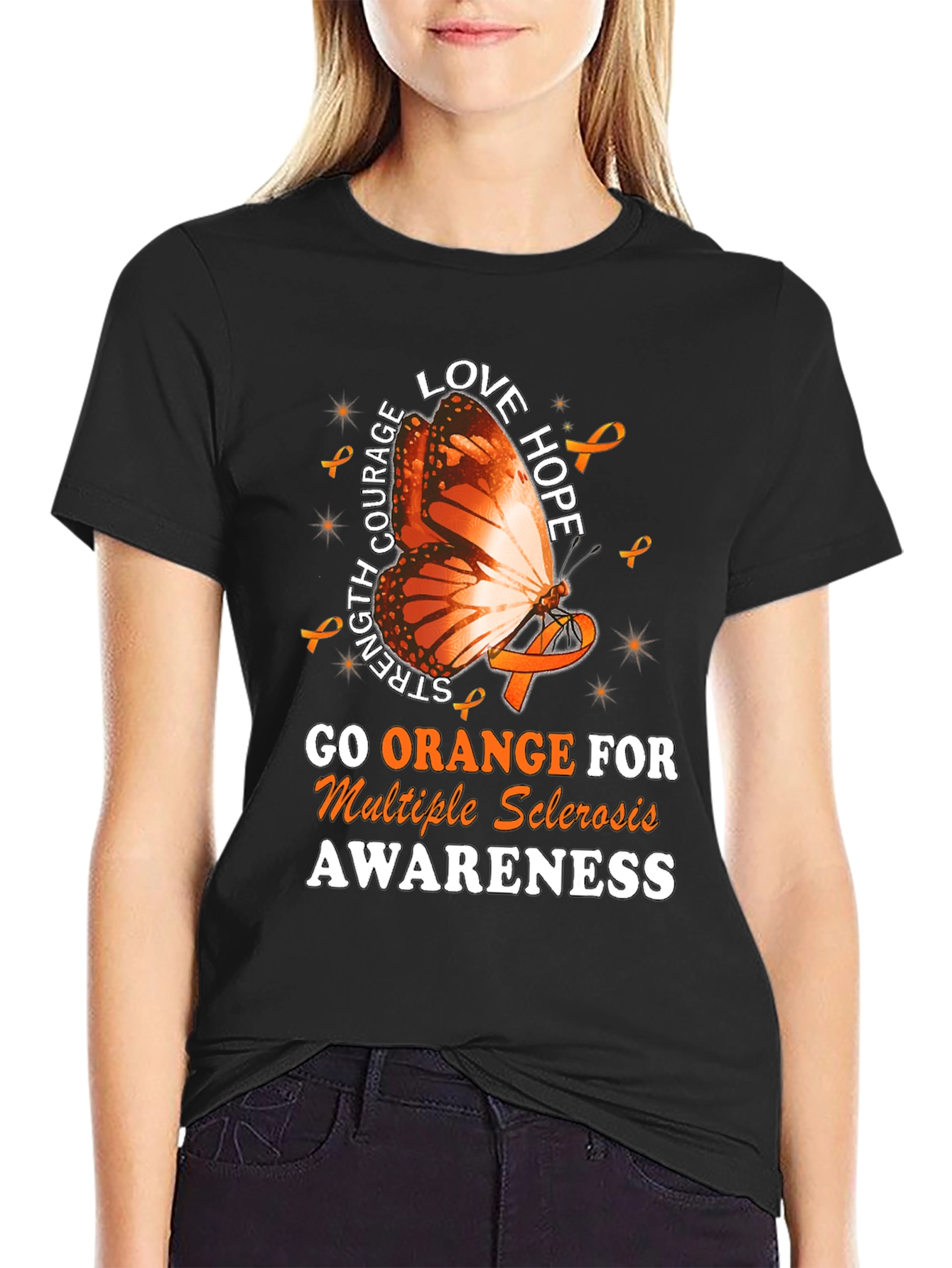 MS Awareness T-Shirt: Orange Butterfly Love Hope Strength