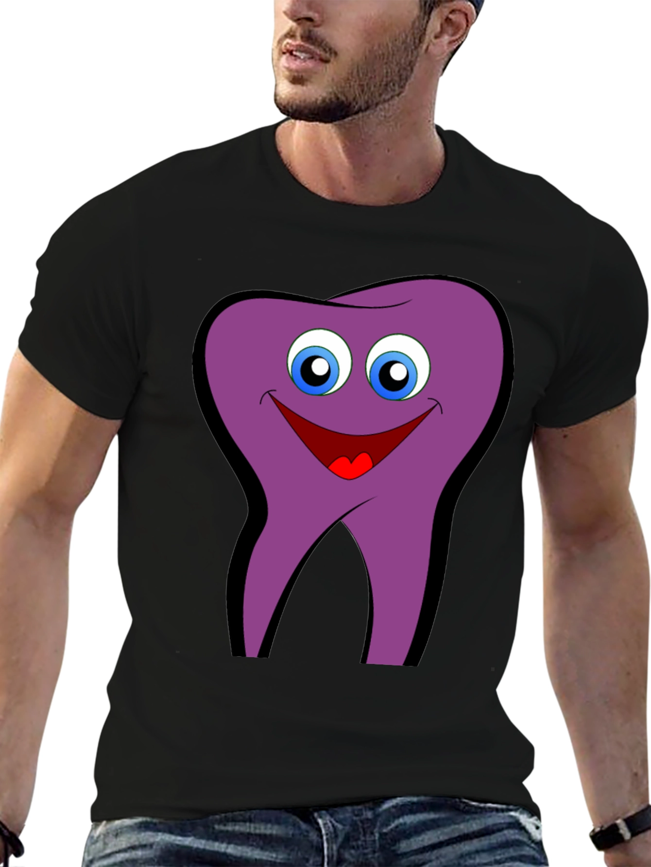 Funny Tooth Cartoon Graphic Tee - Black Cotton T-Shirt