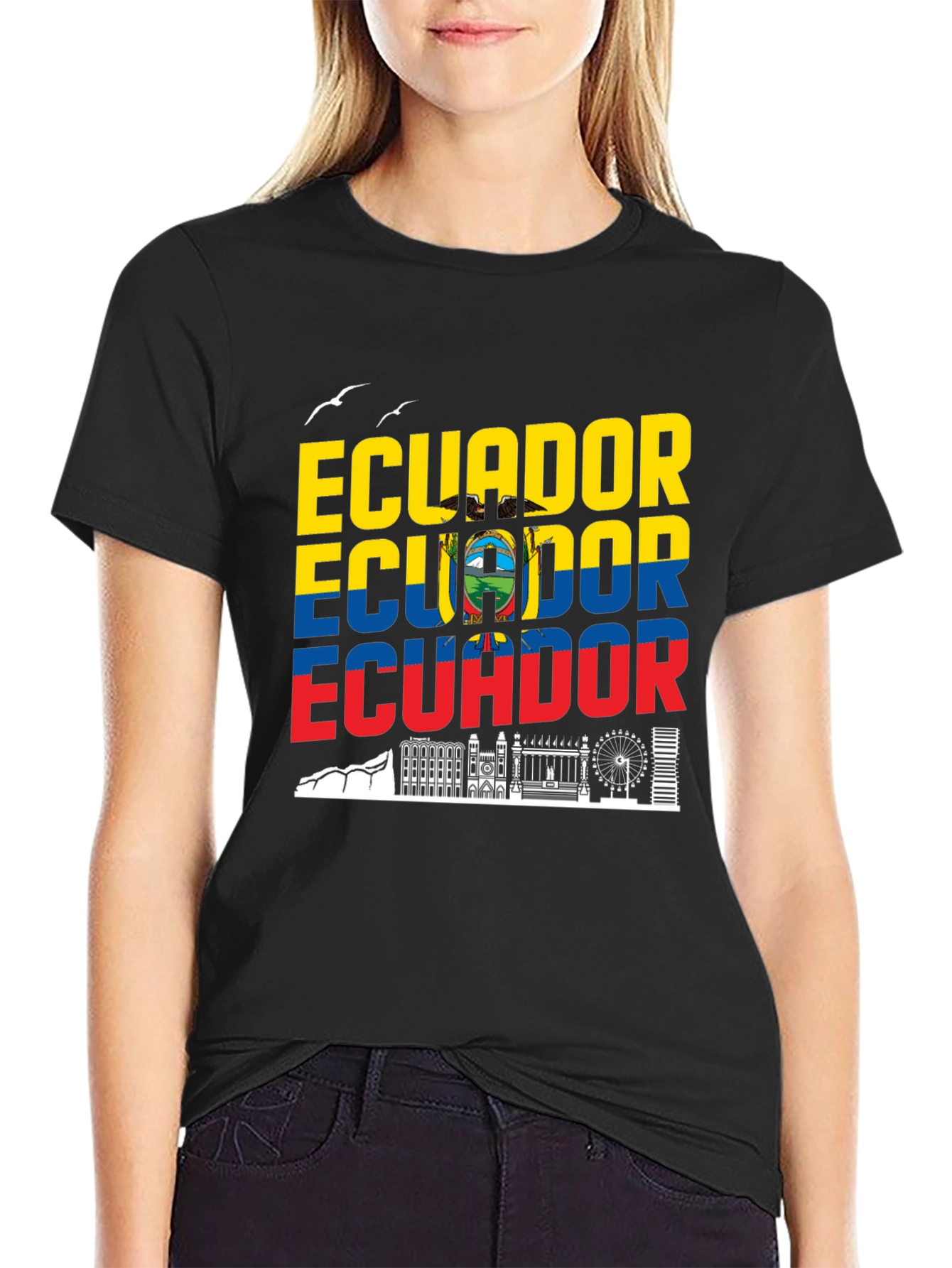 Ecuador Flag Skyline Graphic Print Black T-Shirt