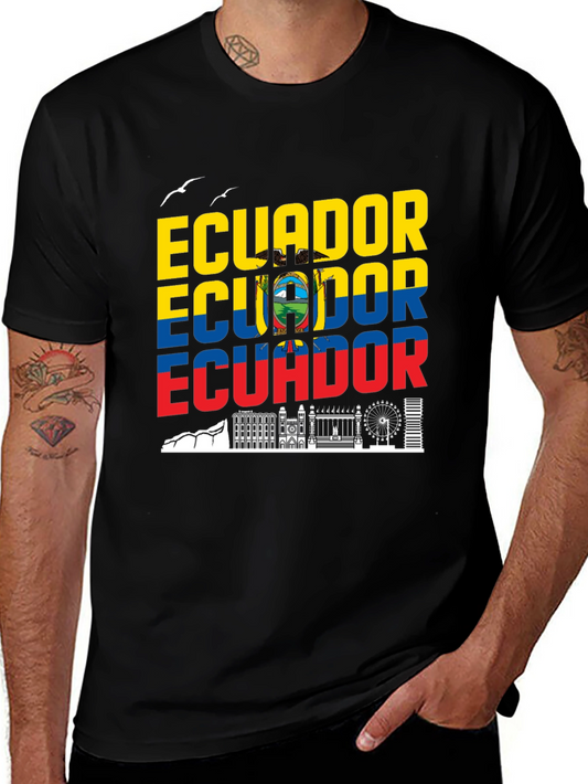 Ecuador Flag Skyline Graphic Print Black T-Shirt