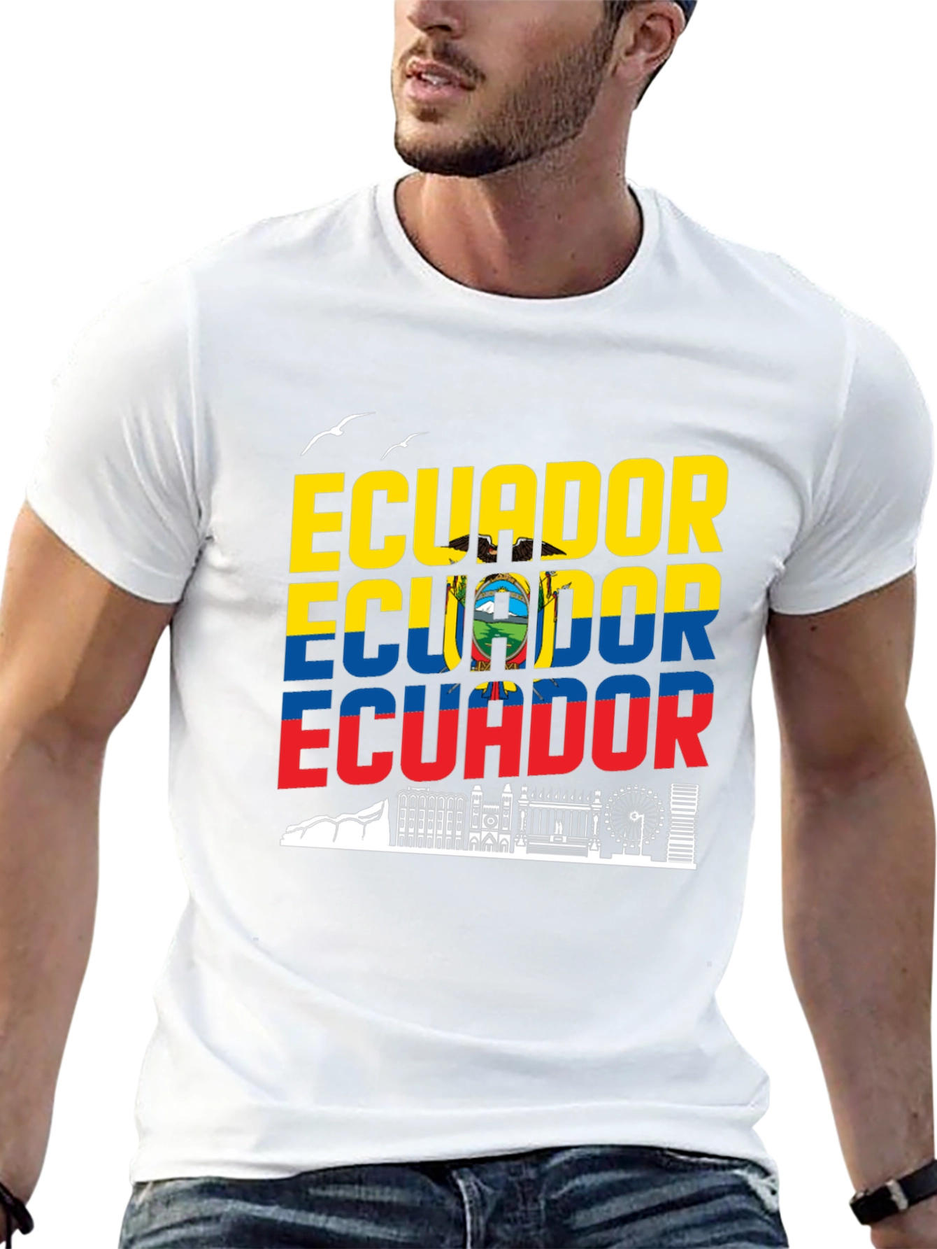 Ecuador Flag Skyline Graphic Print Black T-Shirt