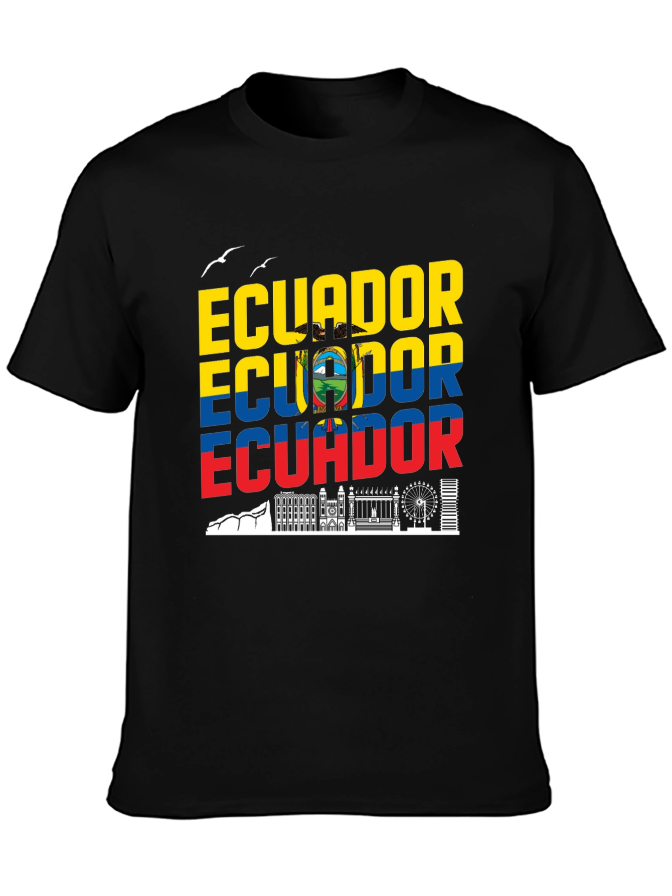 Ecuador Flag Skyline Graphic Print Black T-Shirt