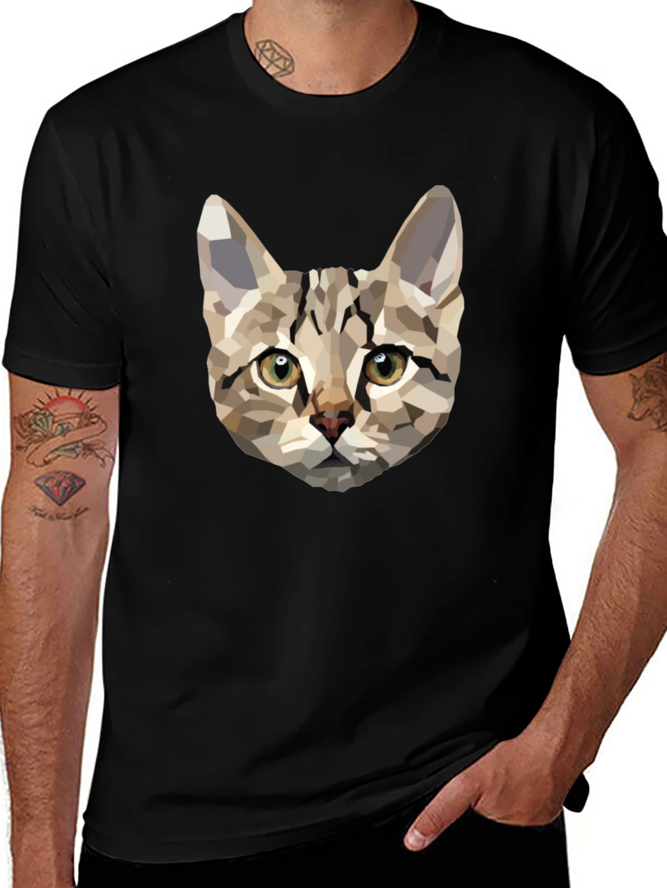 Geometric Cat Print Black T-Shirt