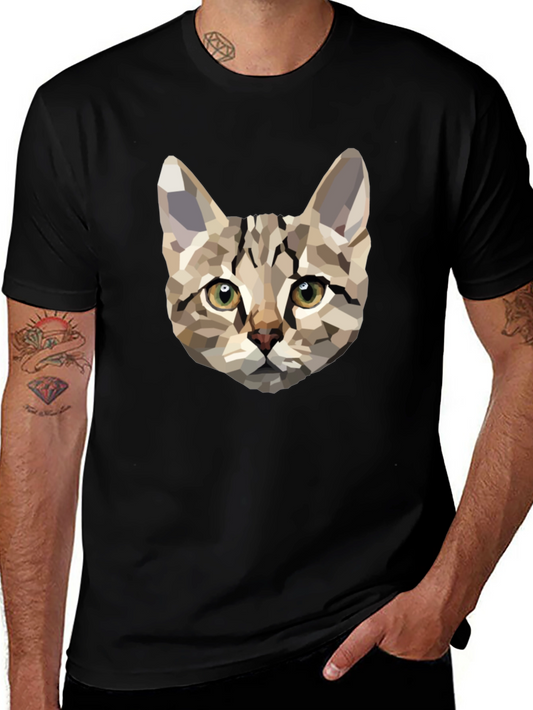 Geometric Cat Print Black T-Shirt
