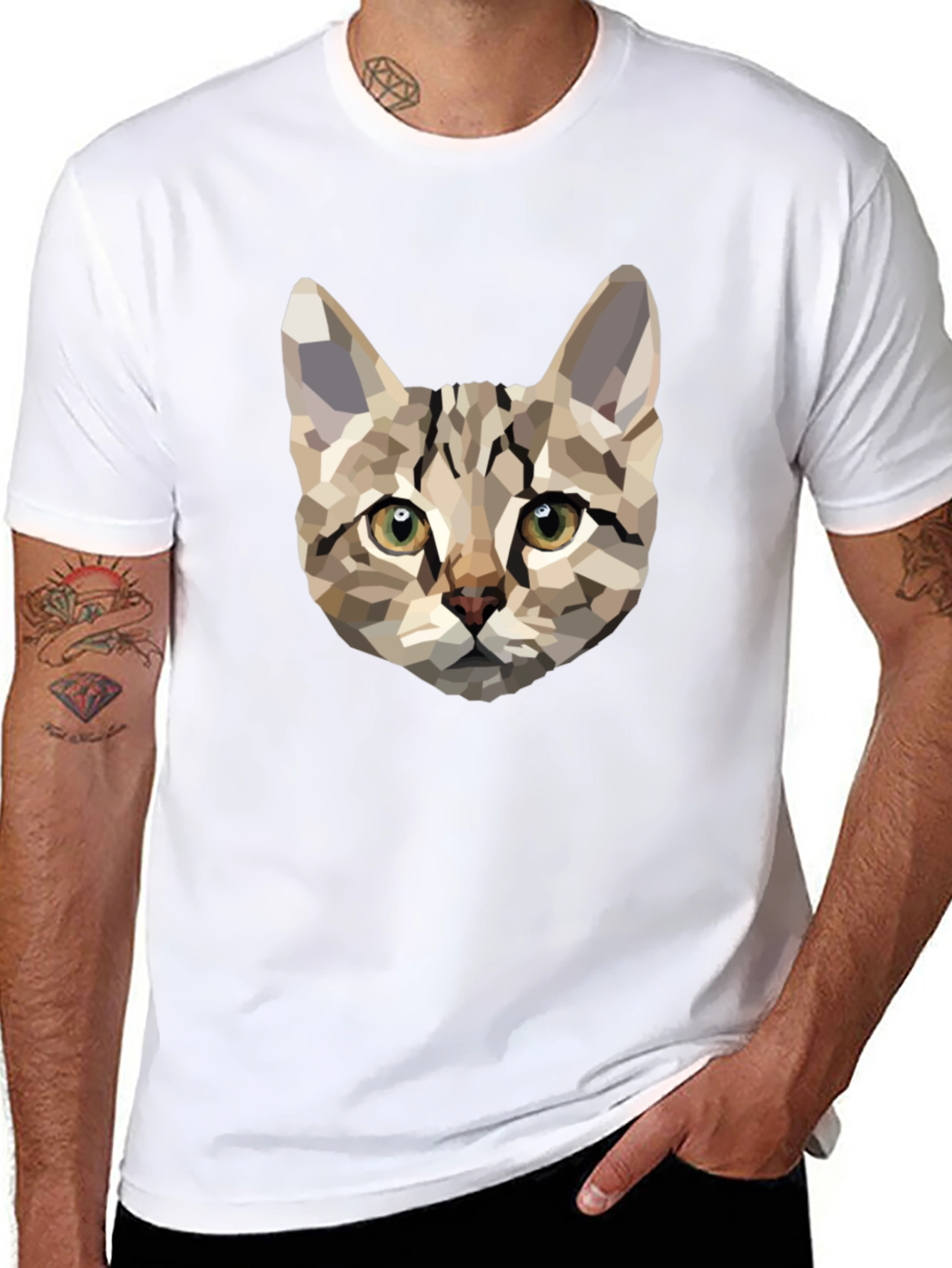 Geometric Cat Print Black T-Shirt