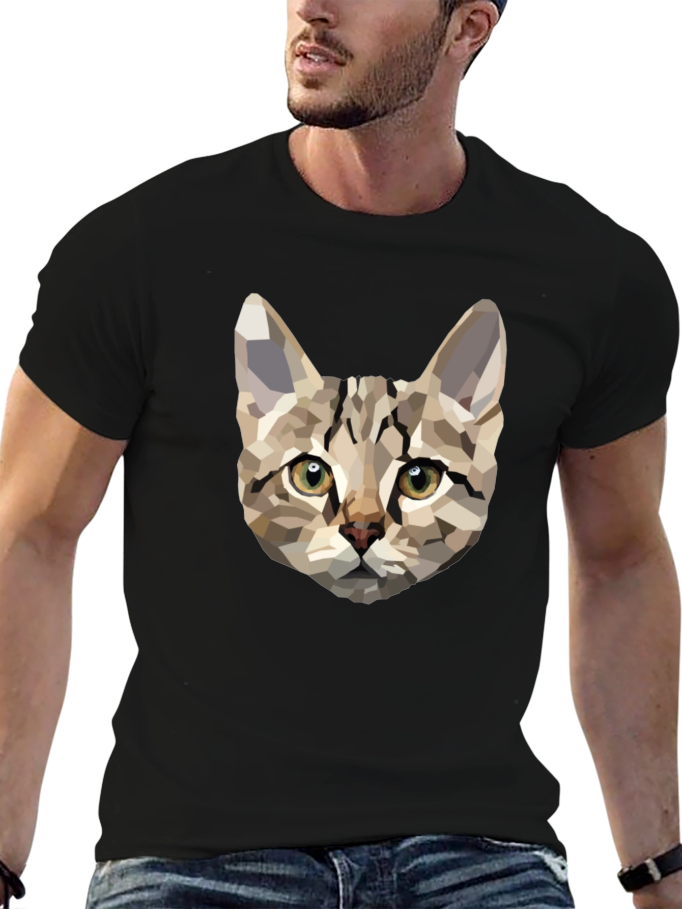 Geometric Cat Print Black T-Shirt