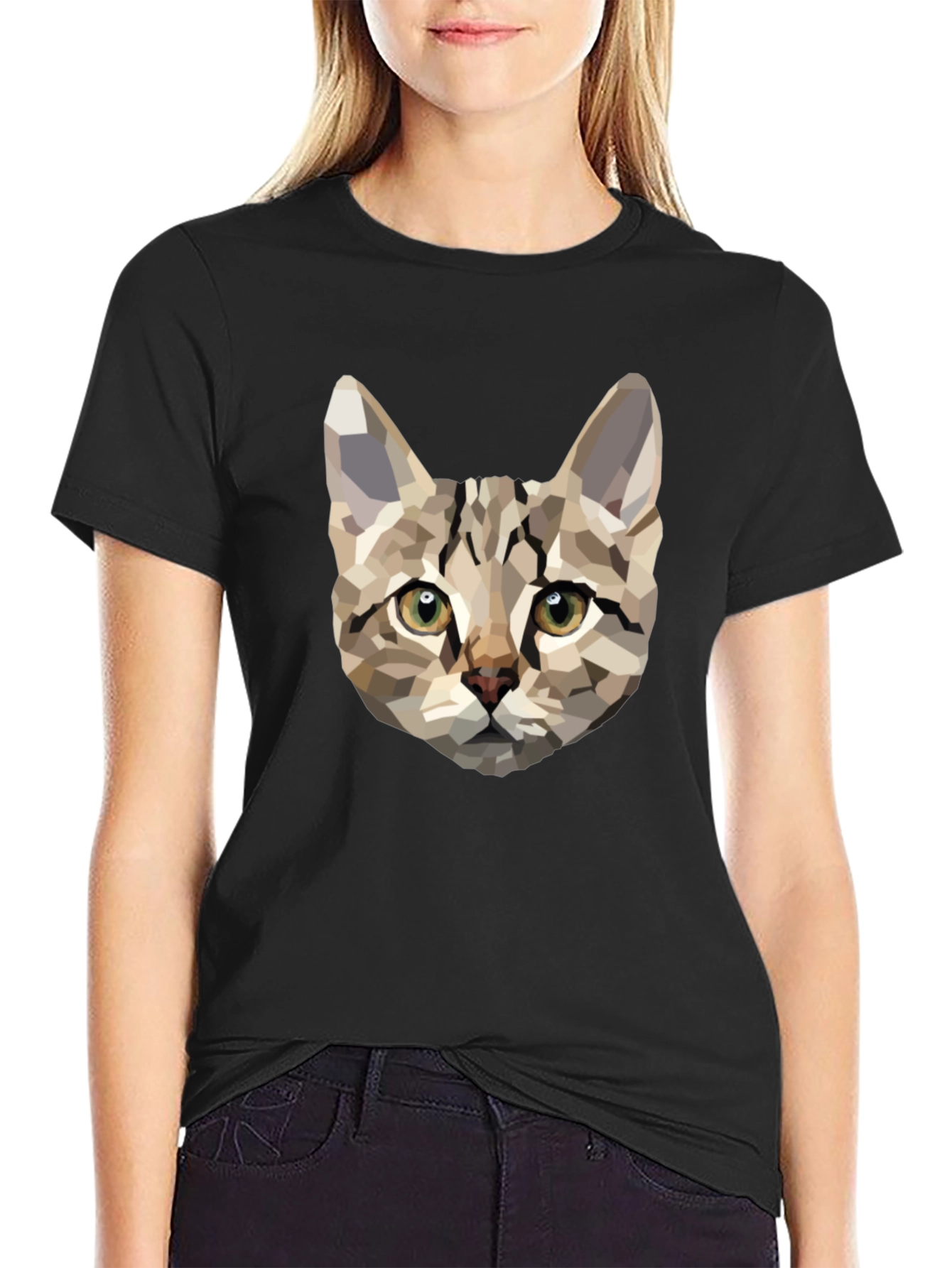 Geometric Cat Print Black T-Shirt