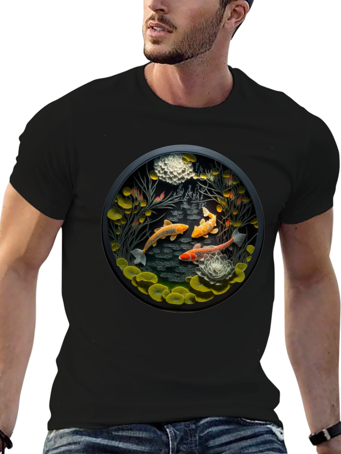 Koi Pond Graphic Tee - Stylish Black T-Shirt