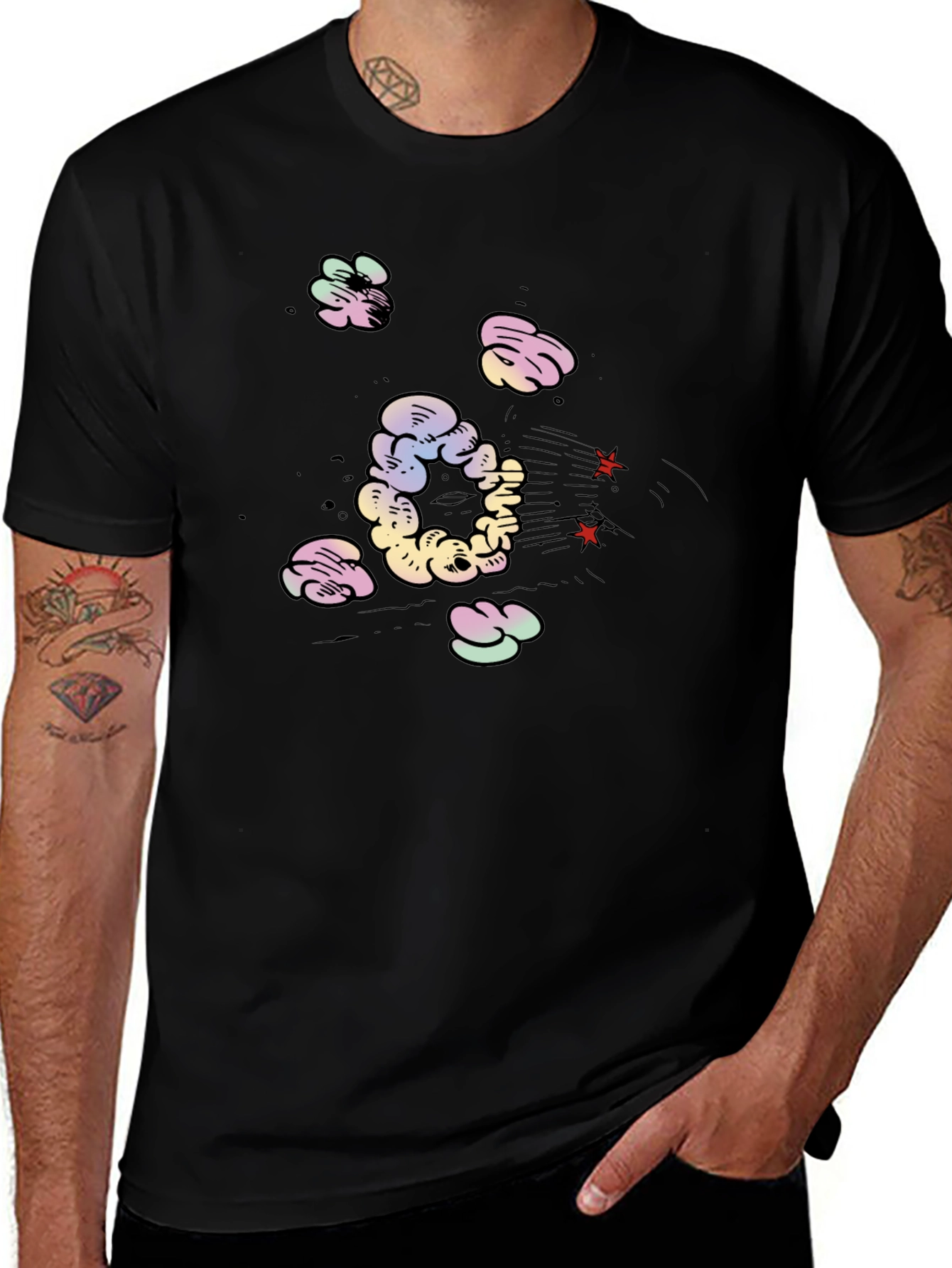 Cartoon Cloud Print Black T-Shirt