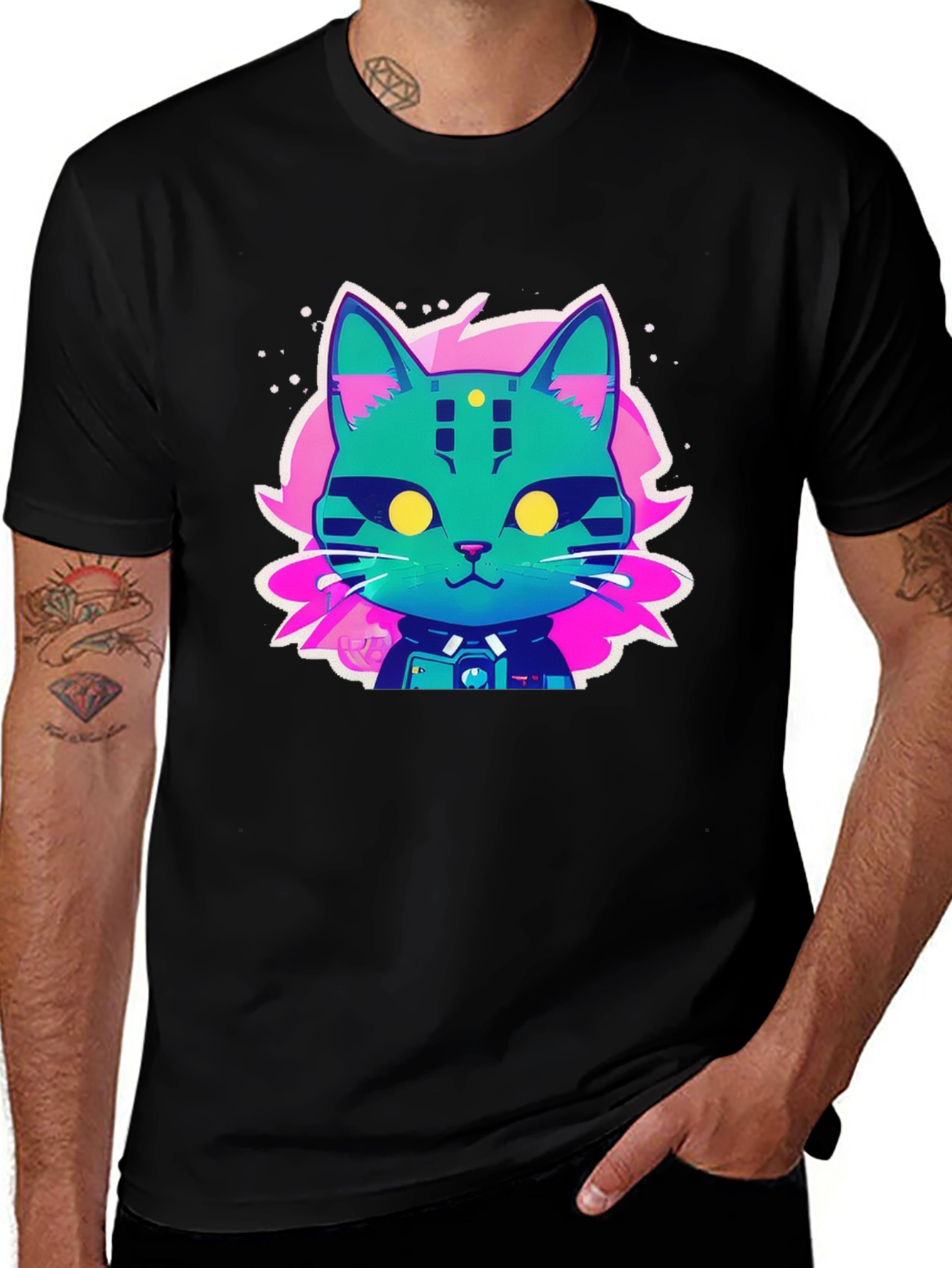 Cyberpunk Cat Graphic T-Shirt - Black Cotton Tee