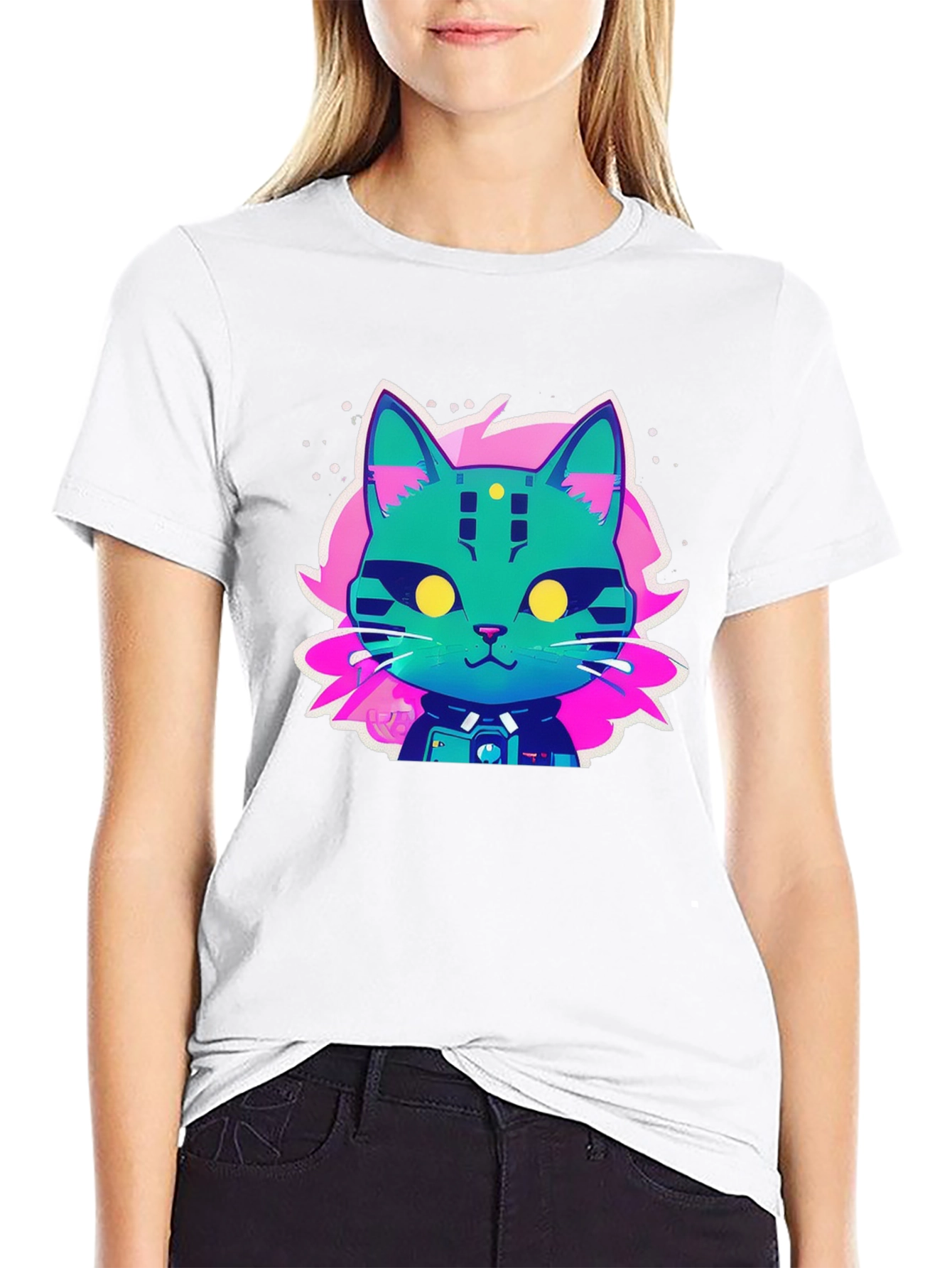 Cyberpunk Cat Graphic T-Shirt - Black Cotton Tee