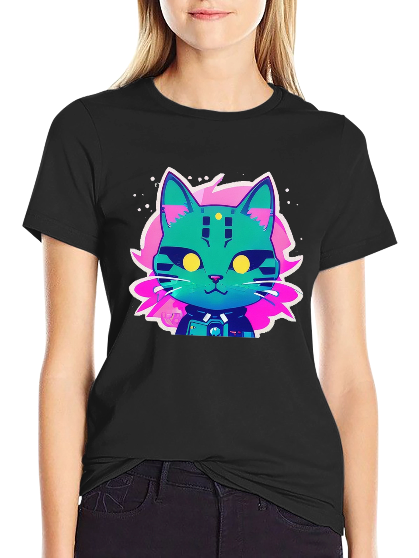 Cyberpunk Cat Graphic T-Shirt - Black Cotton Tee